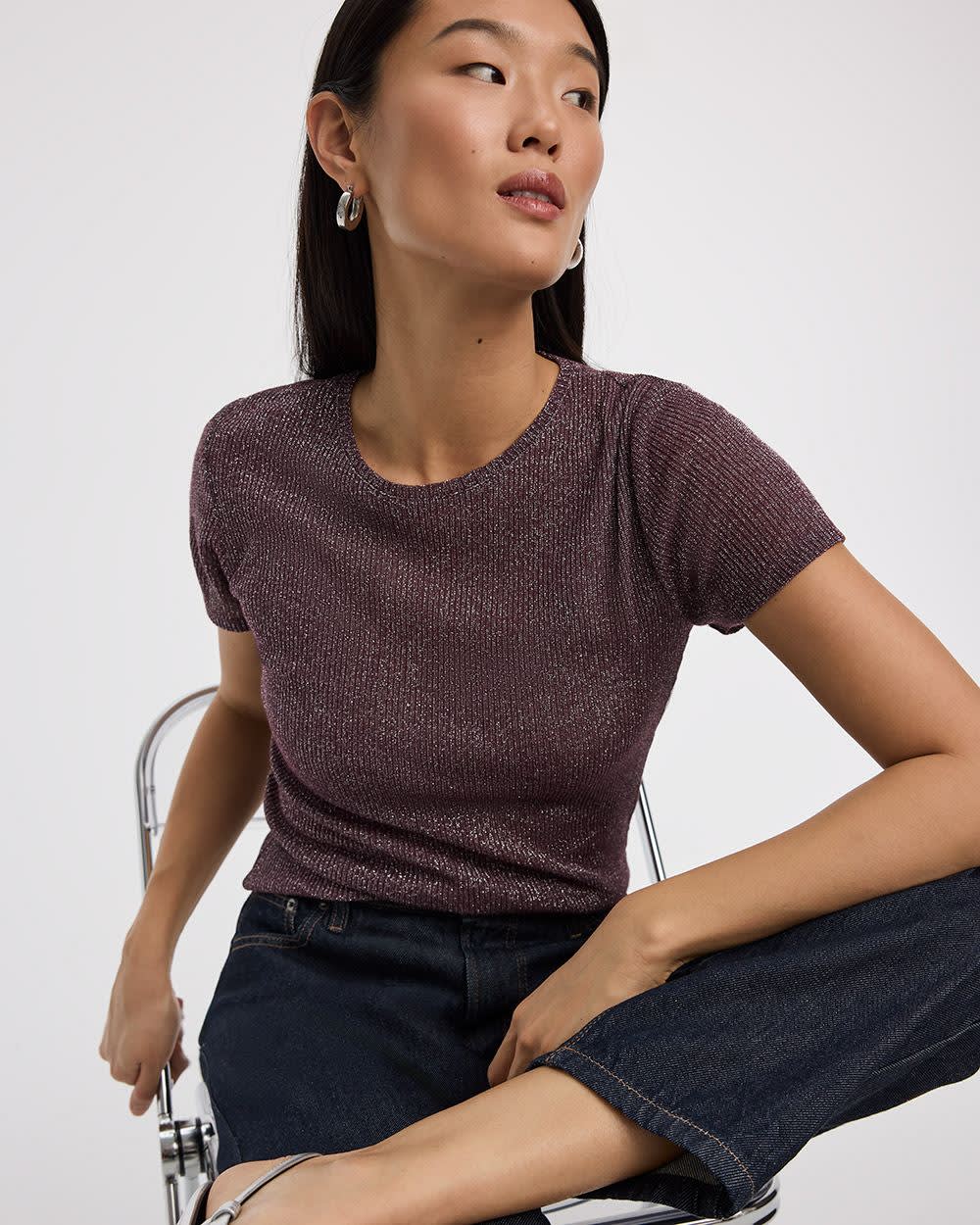 Short-Sleeve Crew-Neck Shimmery Tee