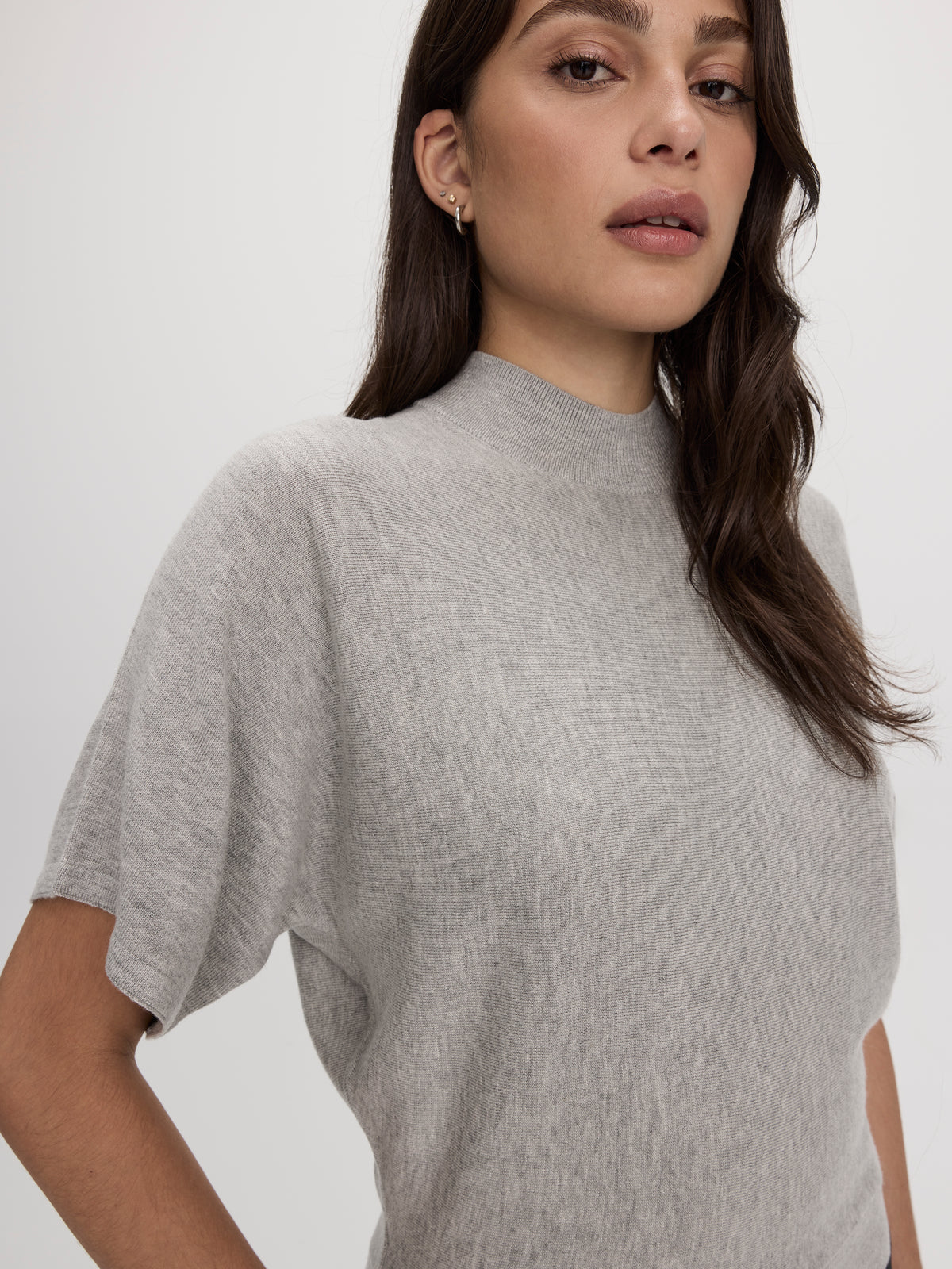 Merino-Blend Short-Sleeve Mock-Neck Sweater