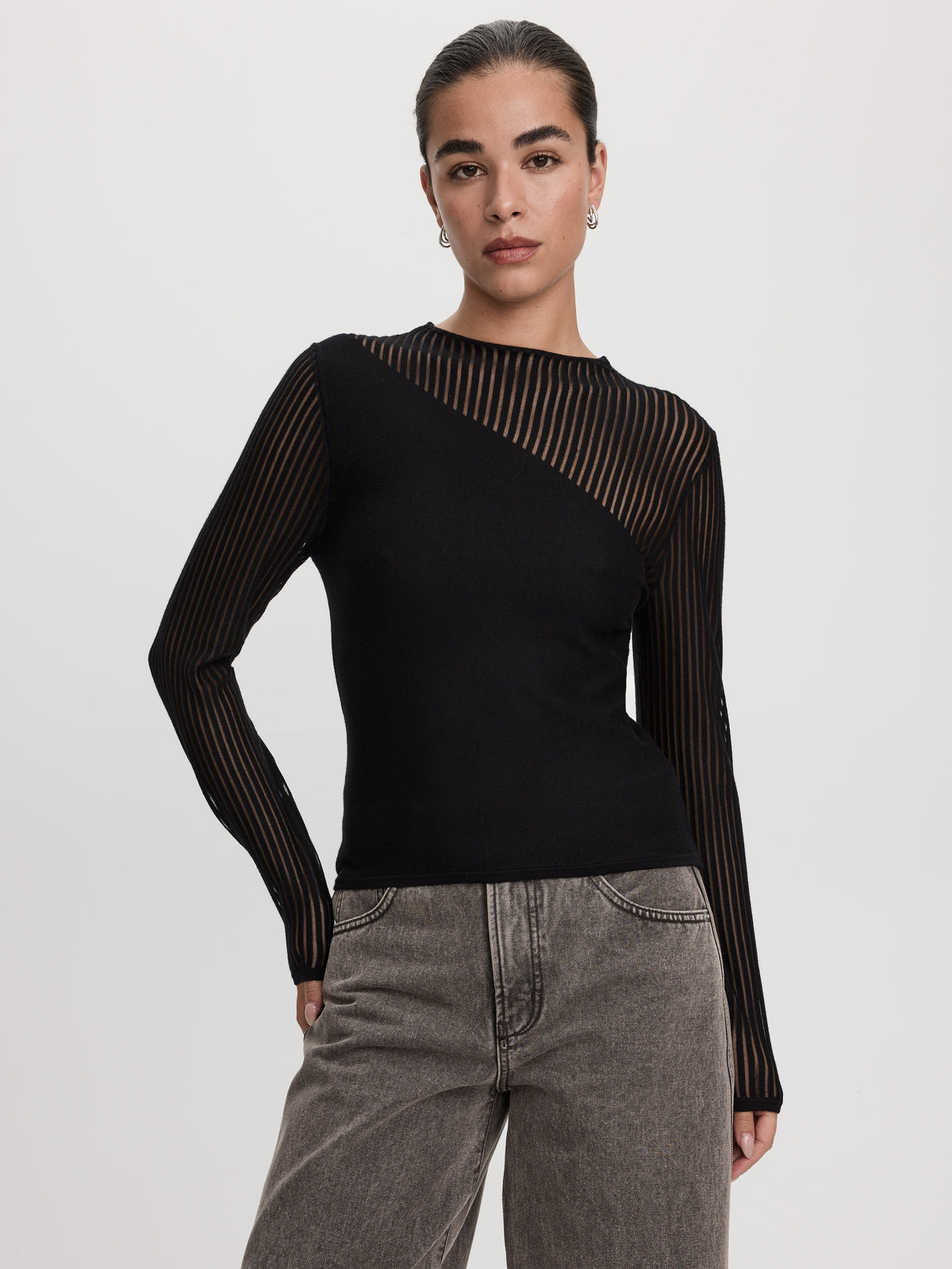 Long-Sleeve Crew-Neck Sweater with Sheer Yoke