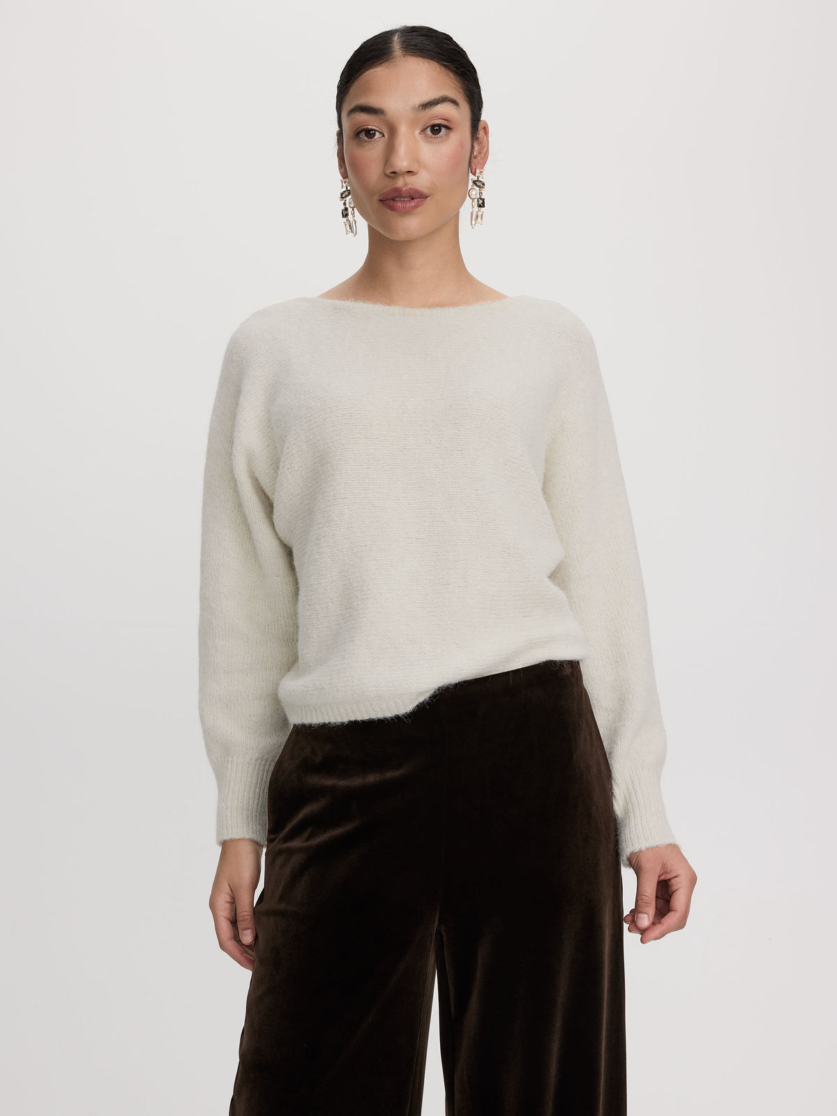 Long-Sleeve Boat-Neck Sweater with Lace Insert