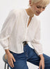 Puffy-Sleeve Split-Neck Blouse with Eyelet Trims
