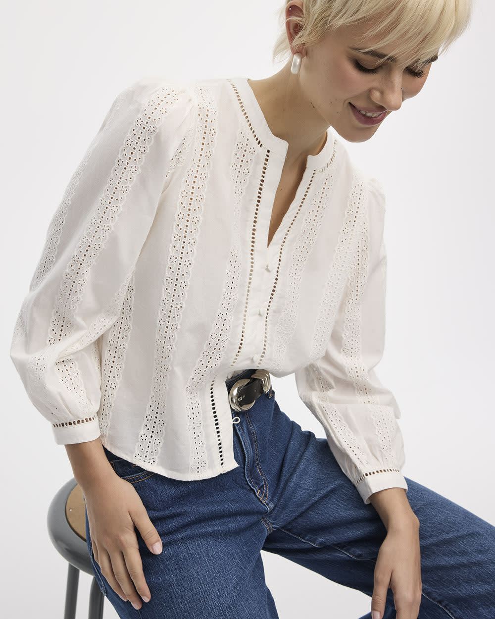 Puffy-Sleeve Split-Neck Blouse with Eyelet Trims