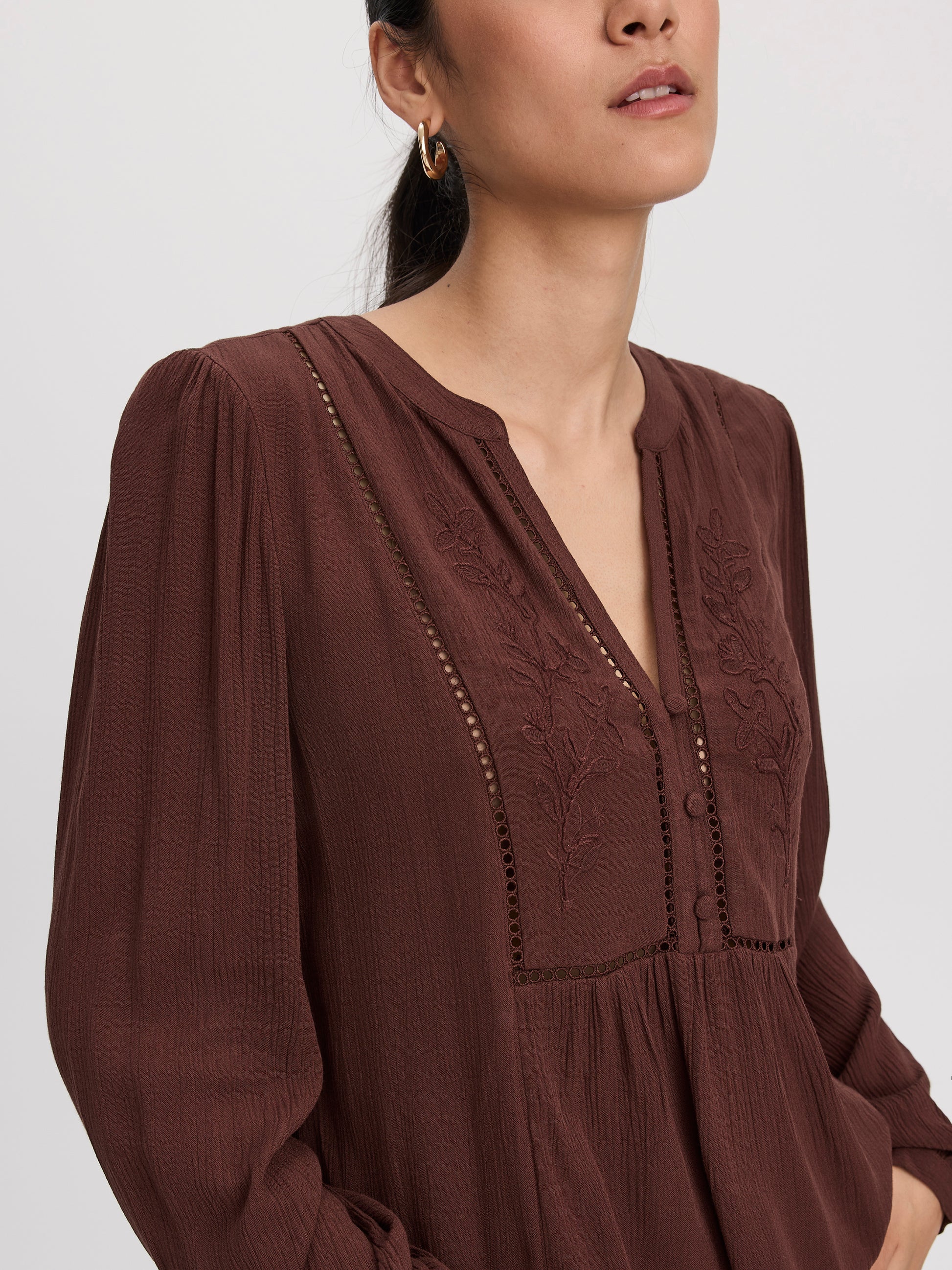Long-Sleeve Split-Neck Blouse with Embroideries