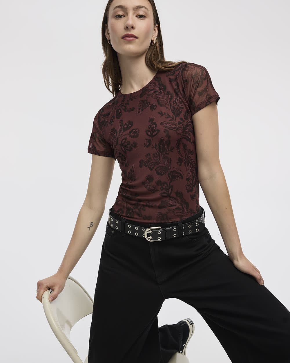 Short-Sleeve Crew-Neck Mesh Top