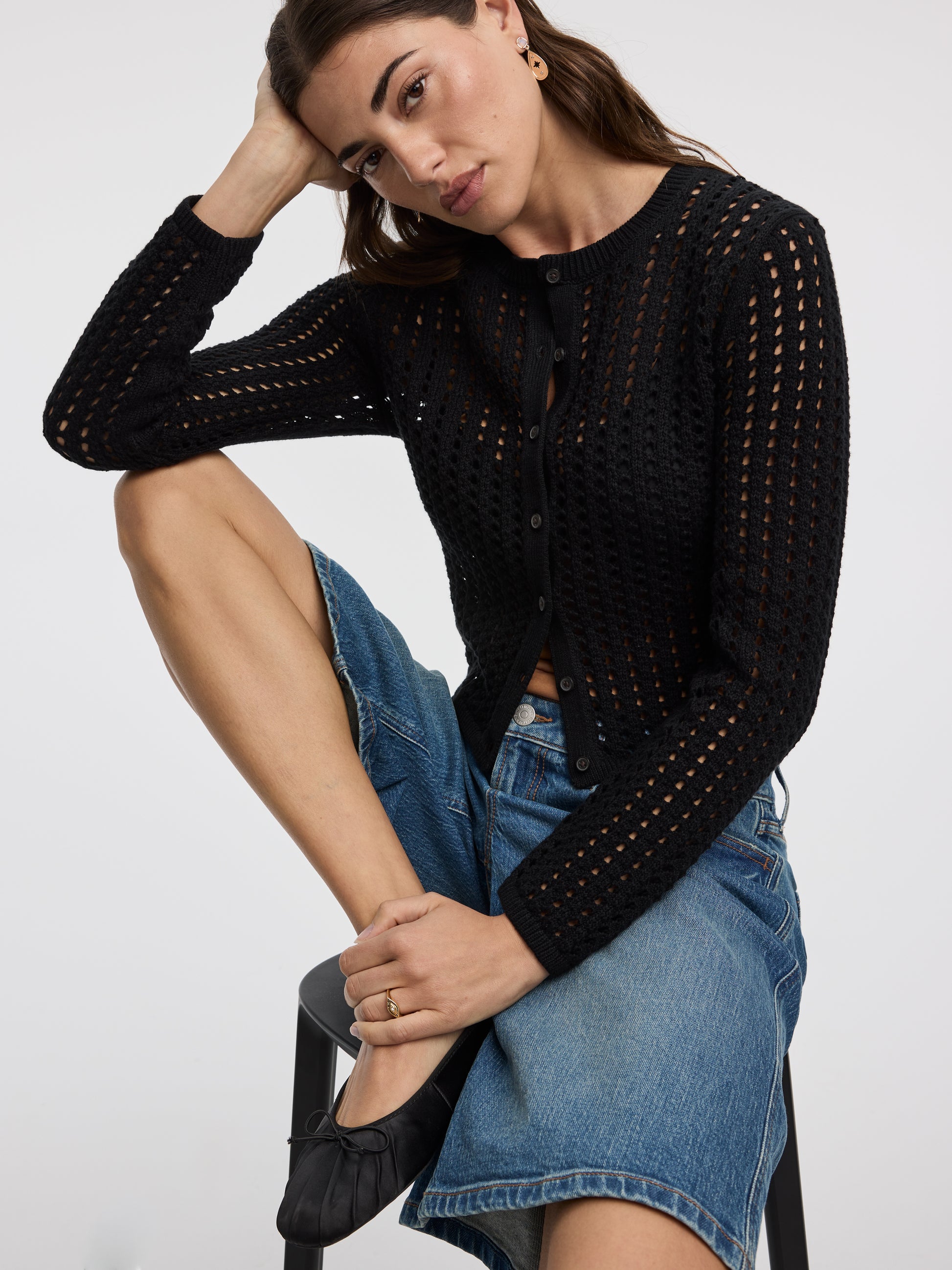 Long-Sleeve Crew-Neck Cardigan with Open Stitches