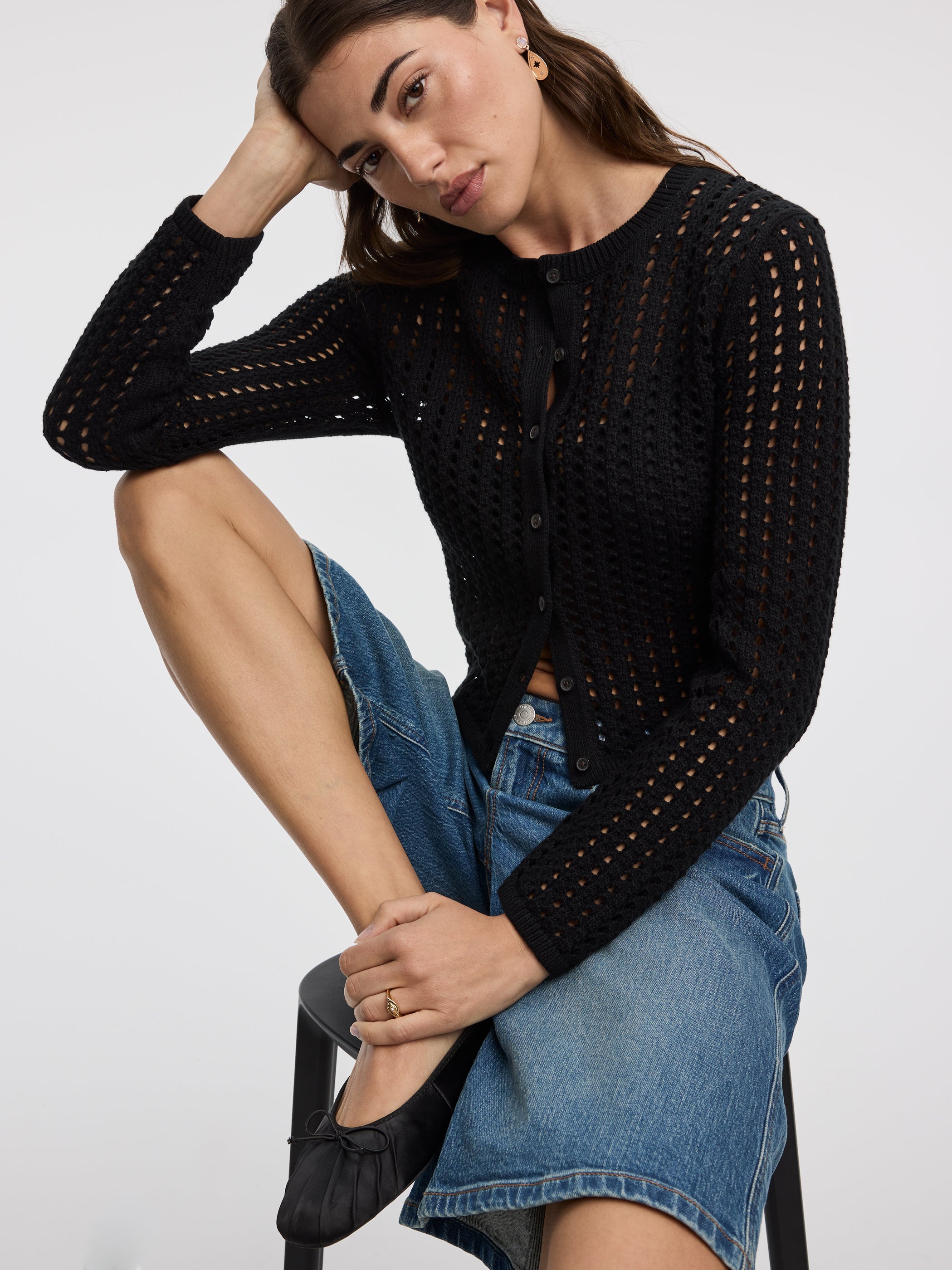 Long-Sleeve Crew-Neck Cardigan with Open Stitches