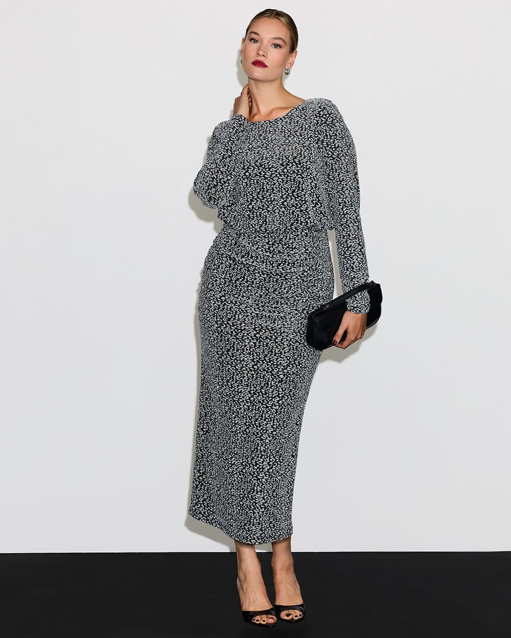 Long-Sleeve Midi Dress with Metallic Leopard Print