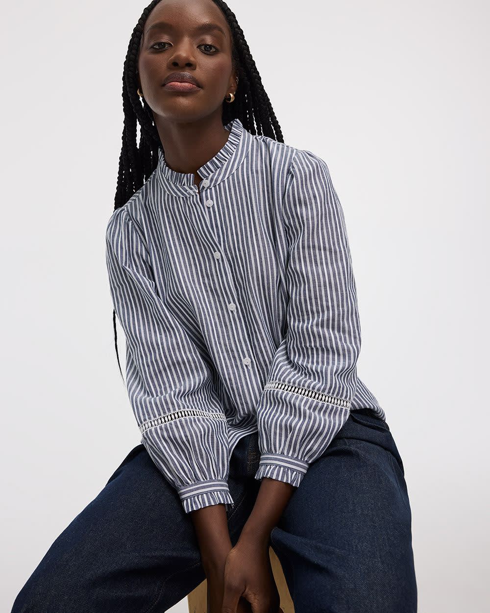 Puffy-Sleeve Mock-Neck Blouse with Embroideries