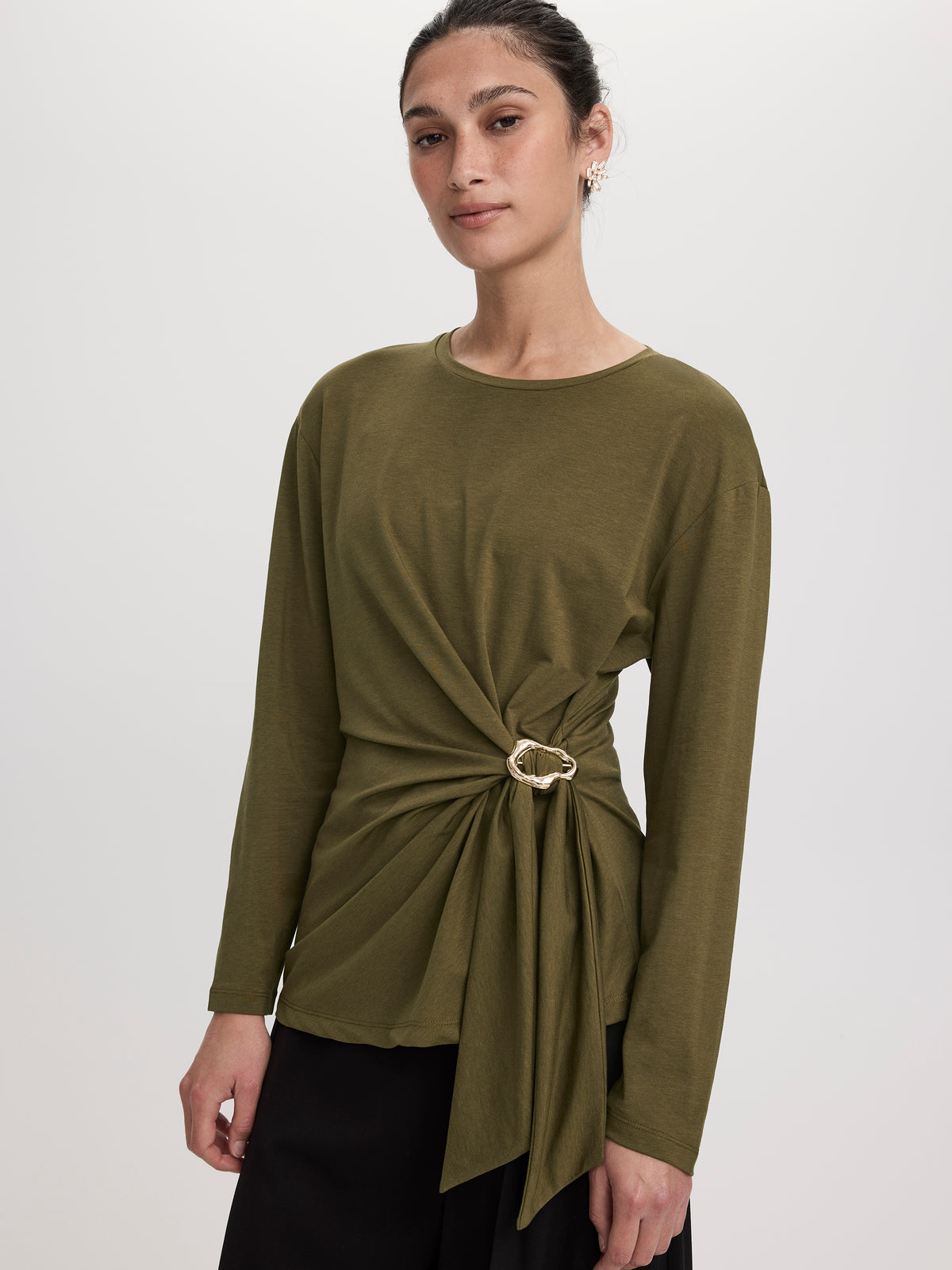 Long-Sleeve Top with Tie at Waist