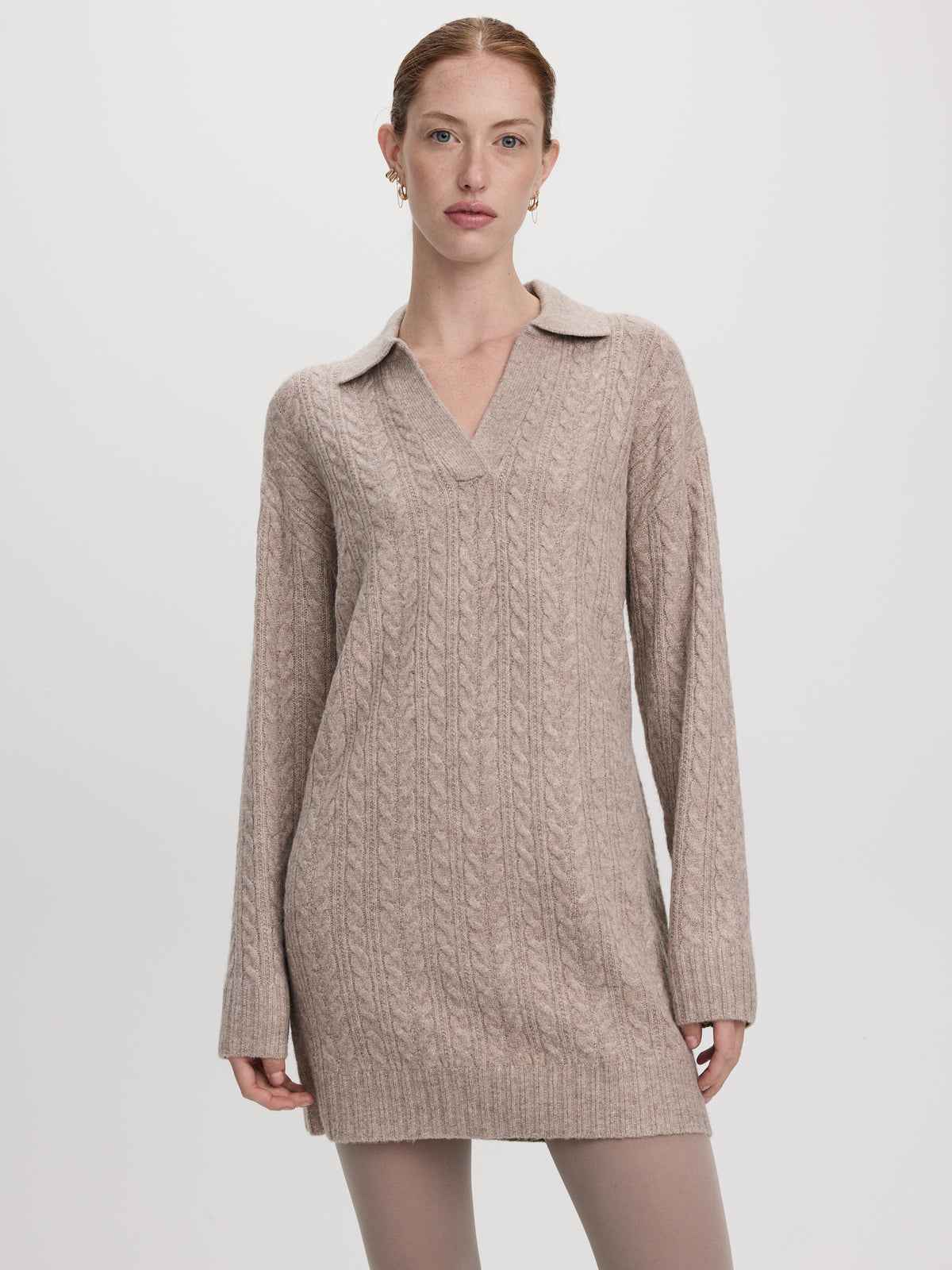PlushSoft Long-Sleeve Cable-Knit Mini Dress with Johnny Collar