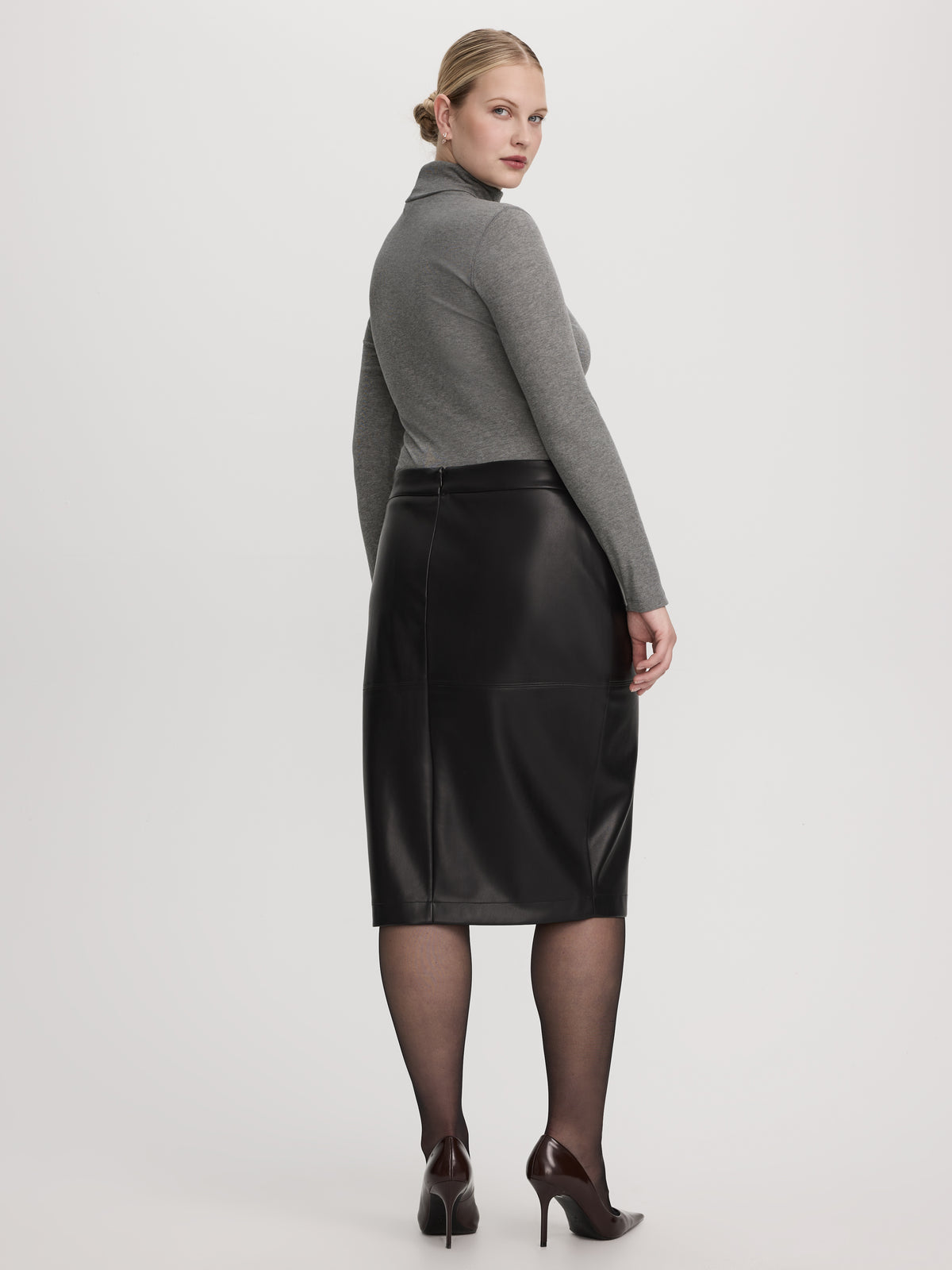 Faux Leather Pencil Midi Skirt