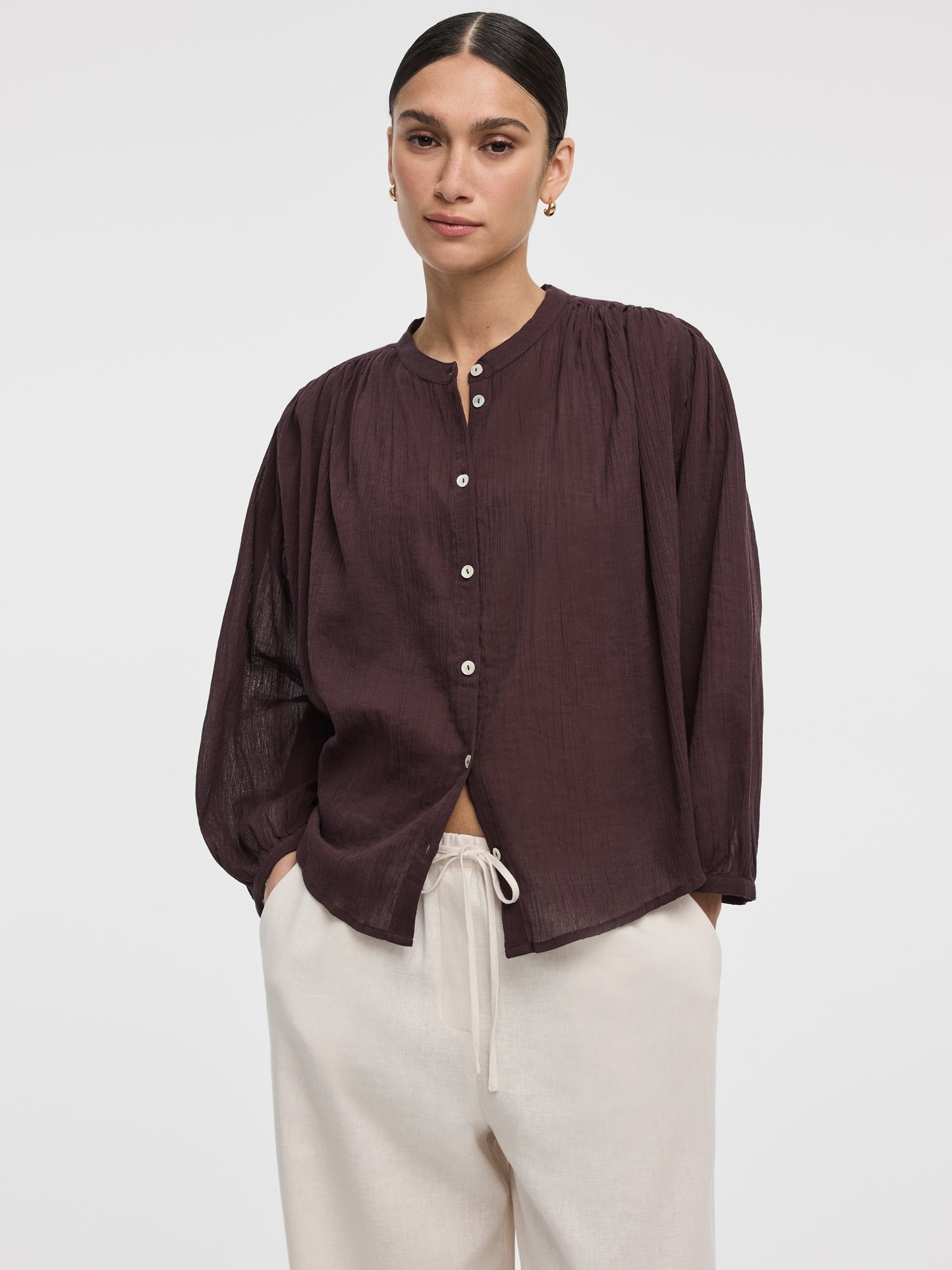 Crew-Neck Buttoned-Down Gauze Blouse