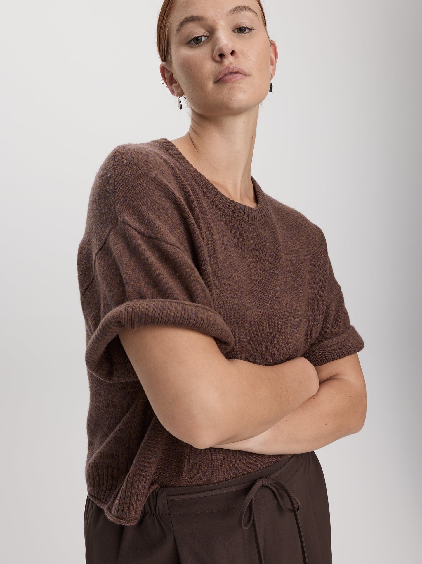 Cashmere-Blend Short-Sleeve Crew-Neck Loose Sweater