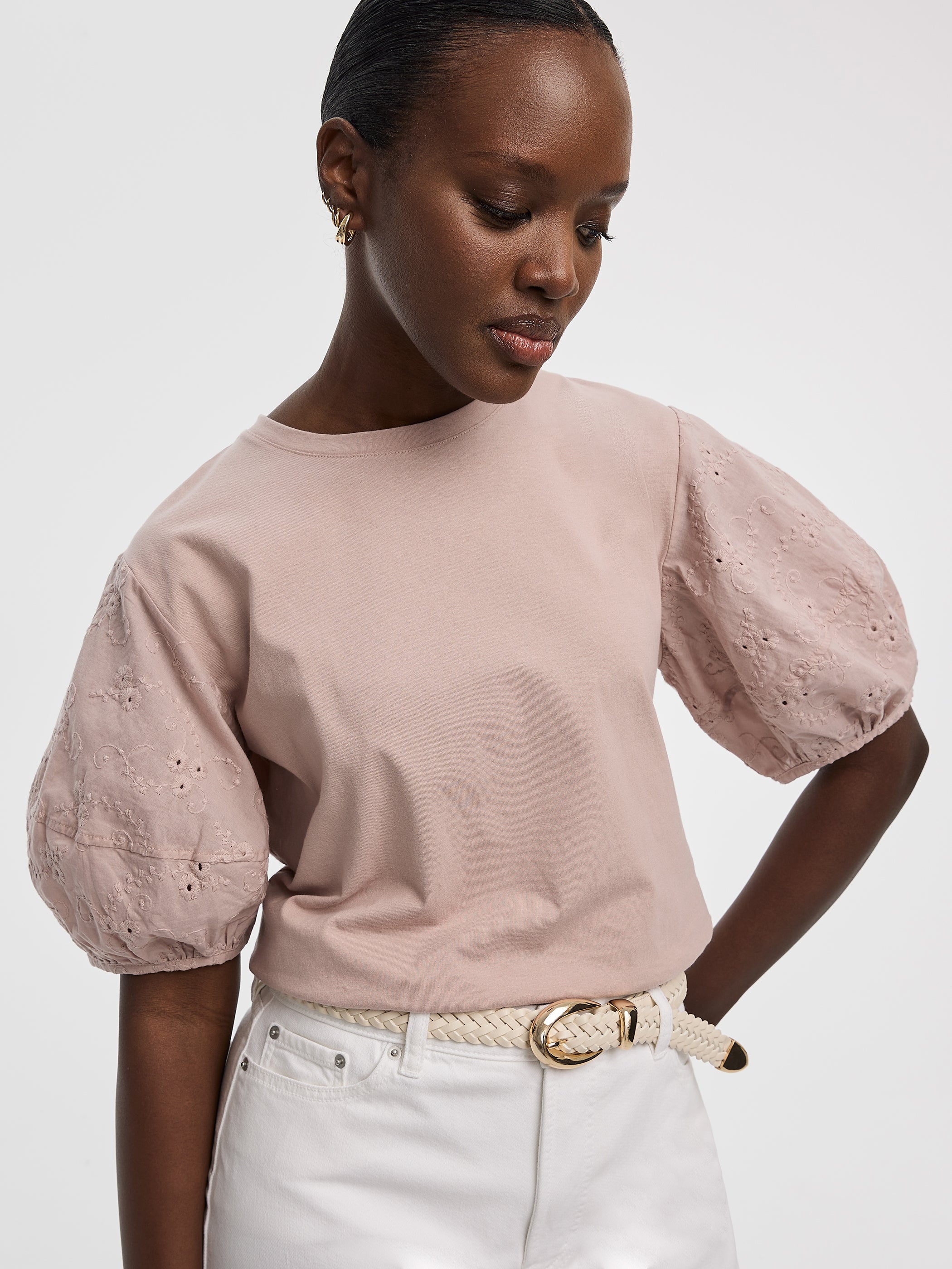 Crew-Neck Mix-Media Top with Short Puffy Sleeves