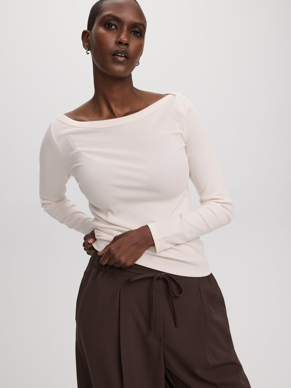 Long-Sleeve Boat-Neck Ribbed Top