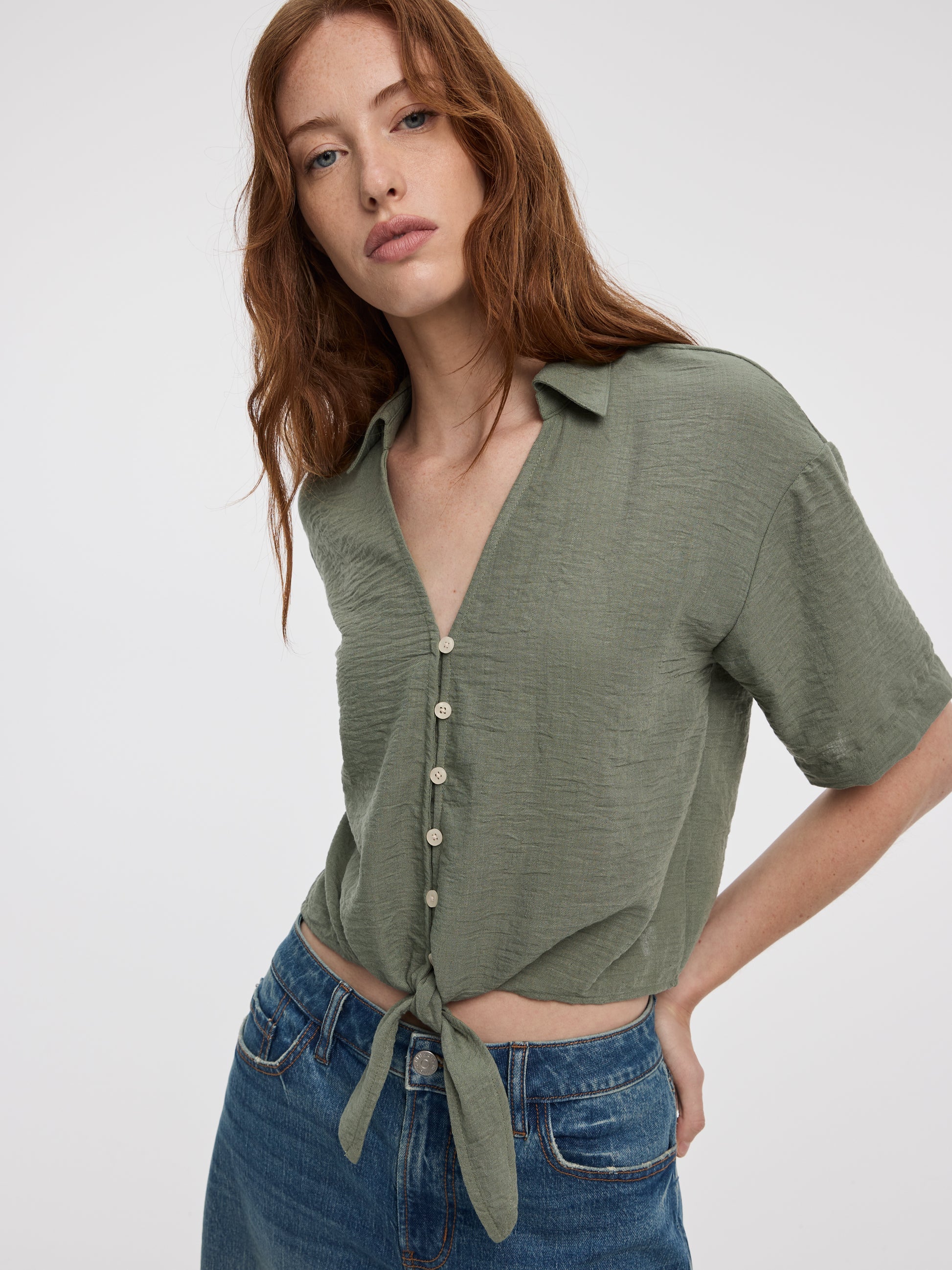 Short-Sleeve V-Neck Blouse with Self-Tie Closure