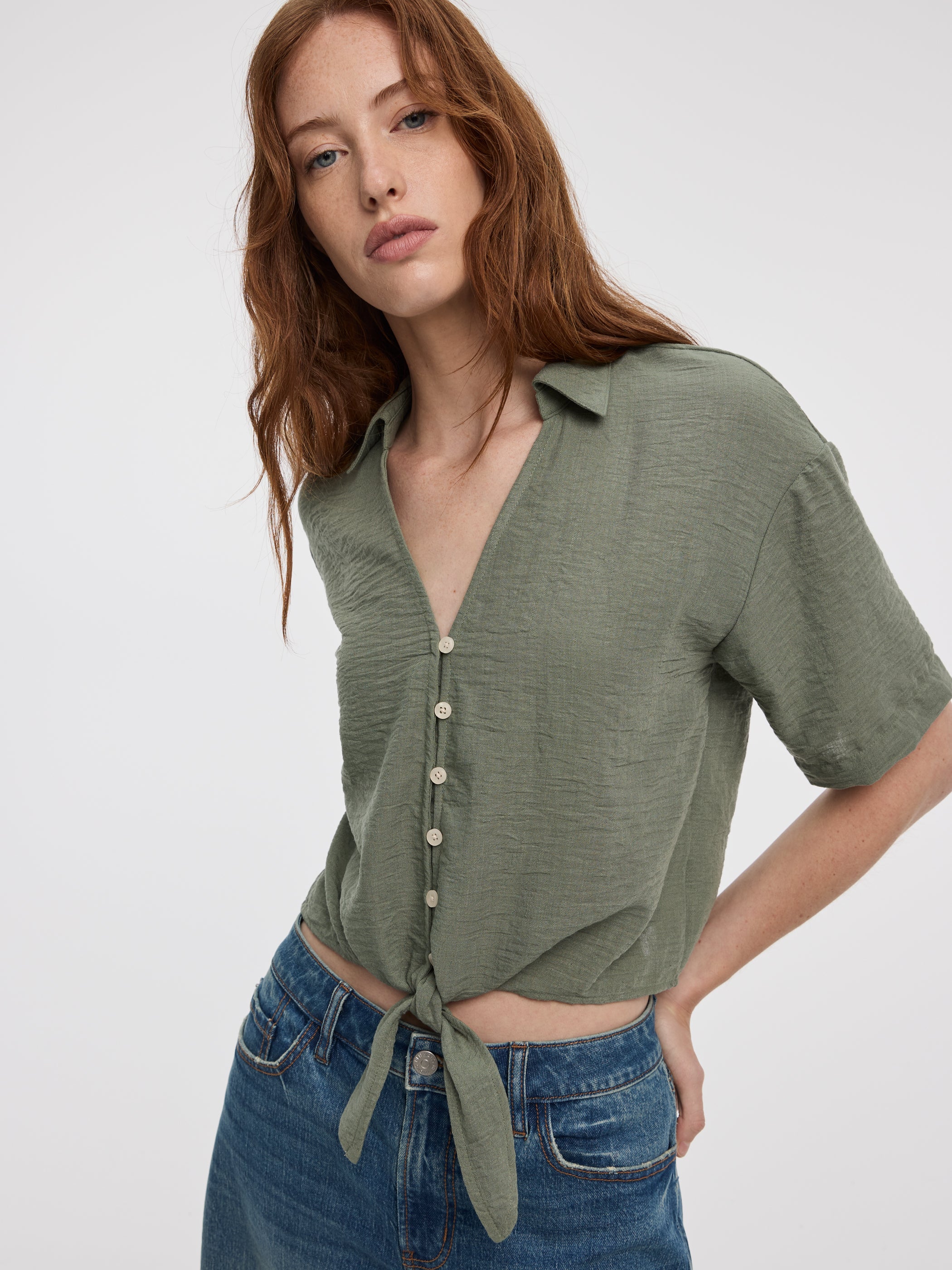 Short-Sleeve V-Neck Blouse with Self-Tie Closure
