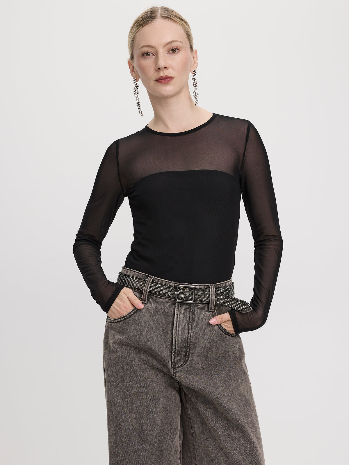 Long-Sleeve Crew-Neck Mesh Bodysuit