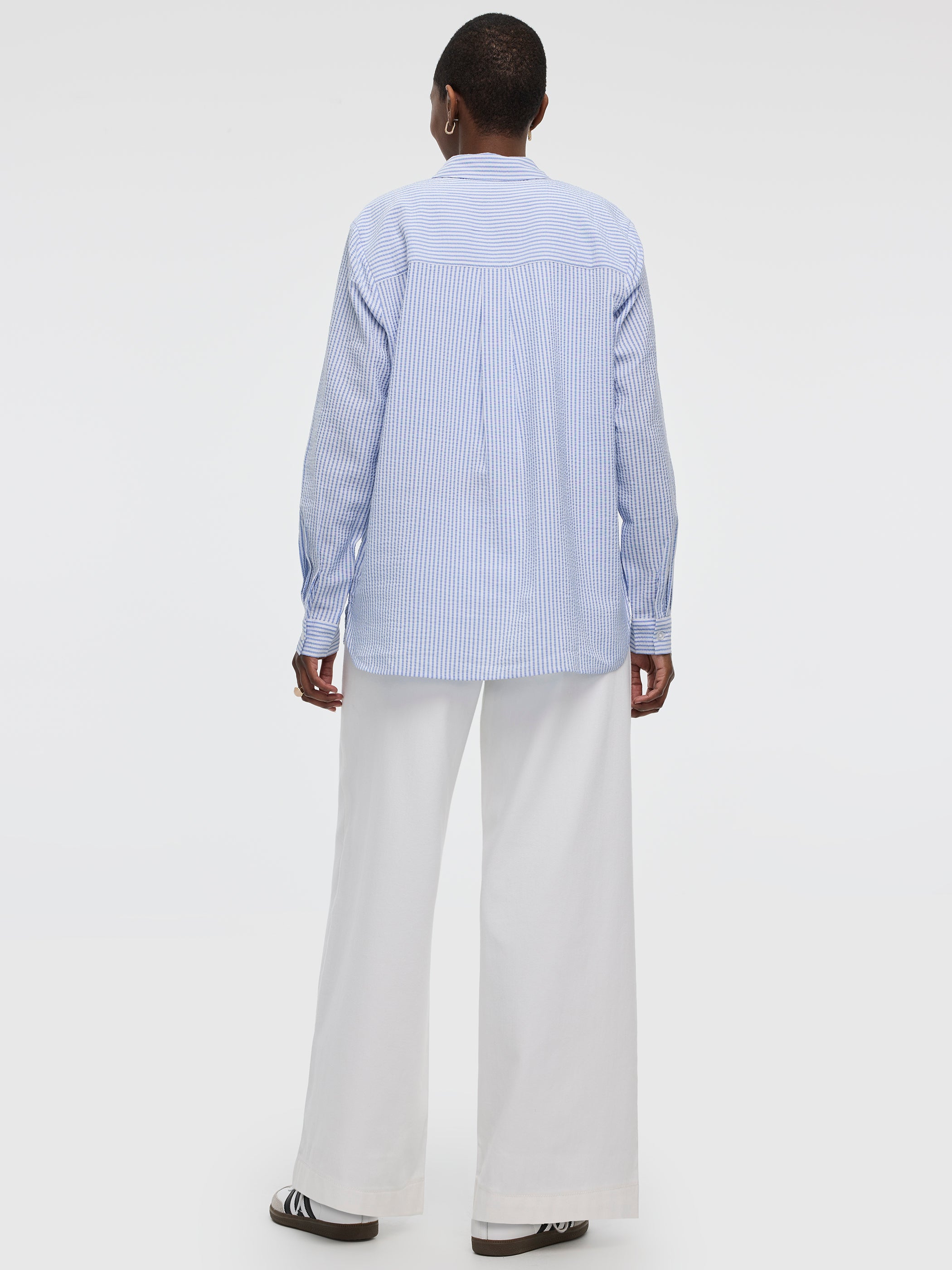 Long-Sleeve Buttoned-Down Seersucker Blouse