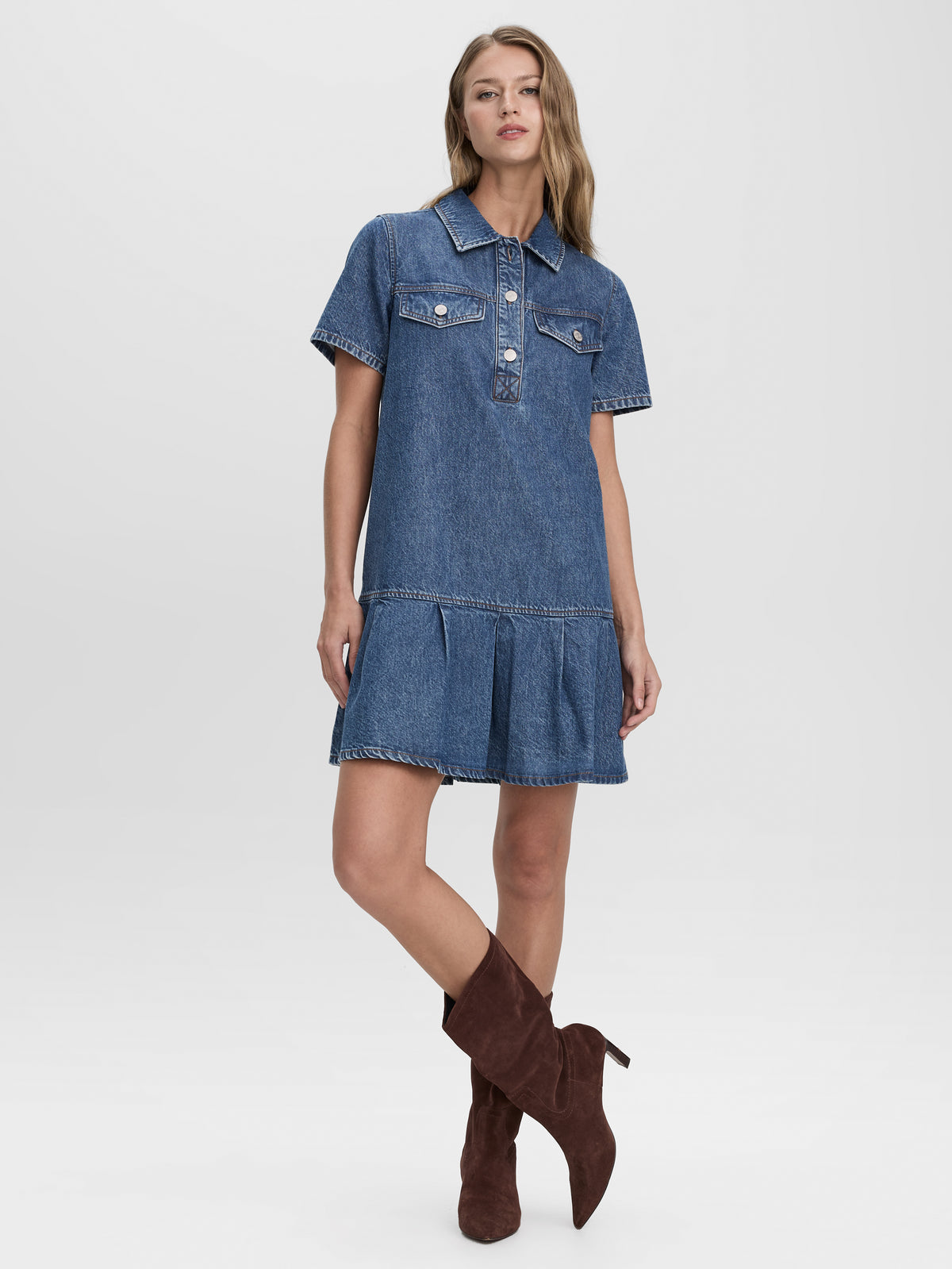 Short-Sleeve Mini Denim Dress
