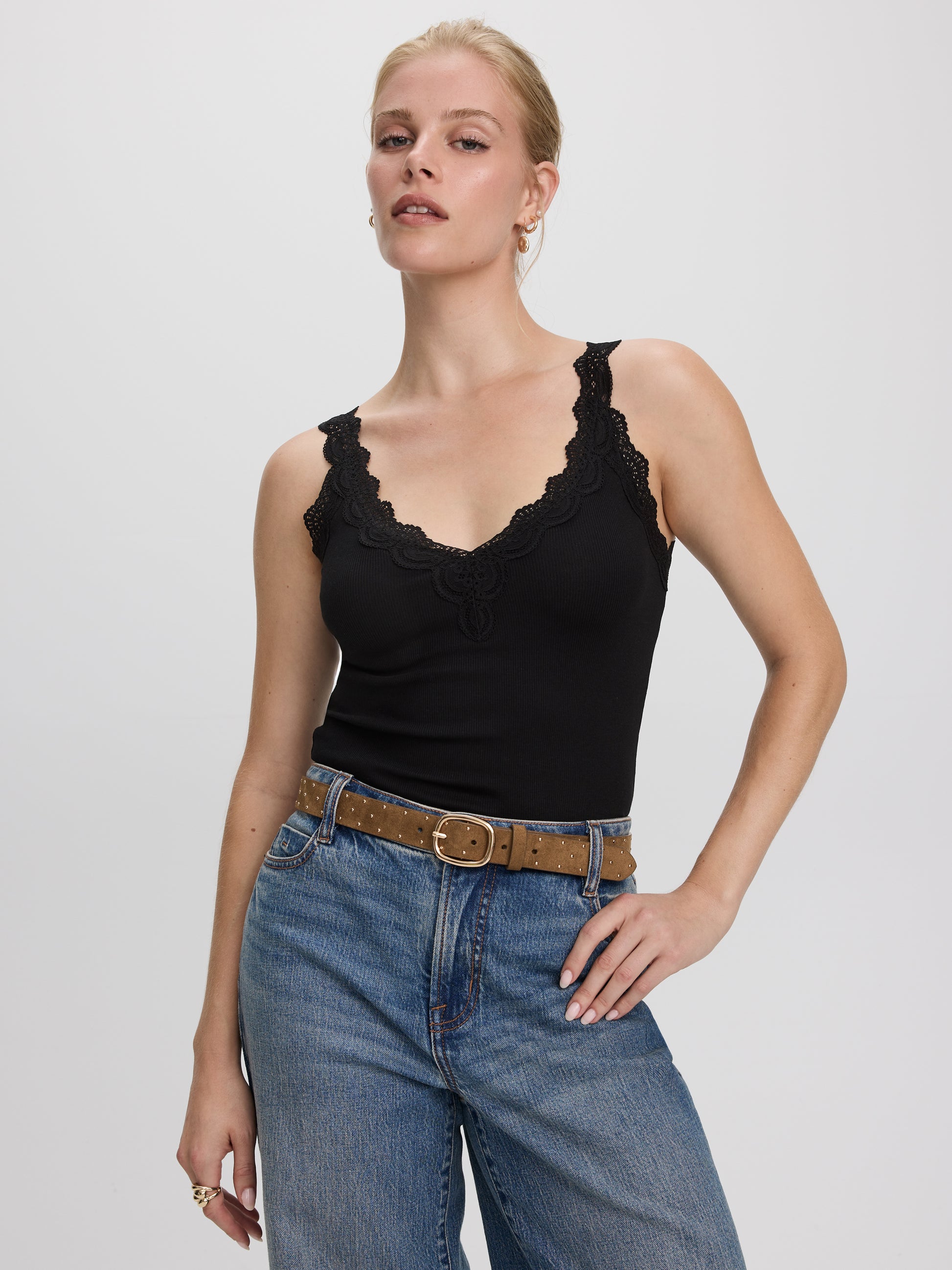 V-Neck Cami with Lace Trim