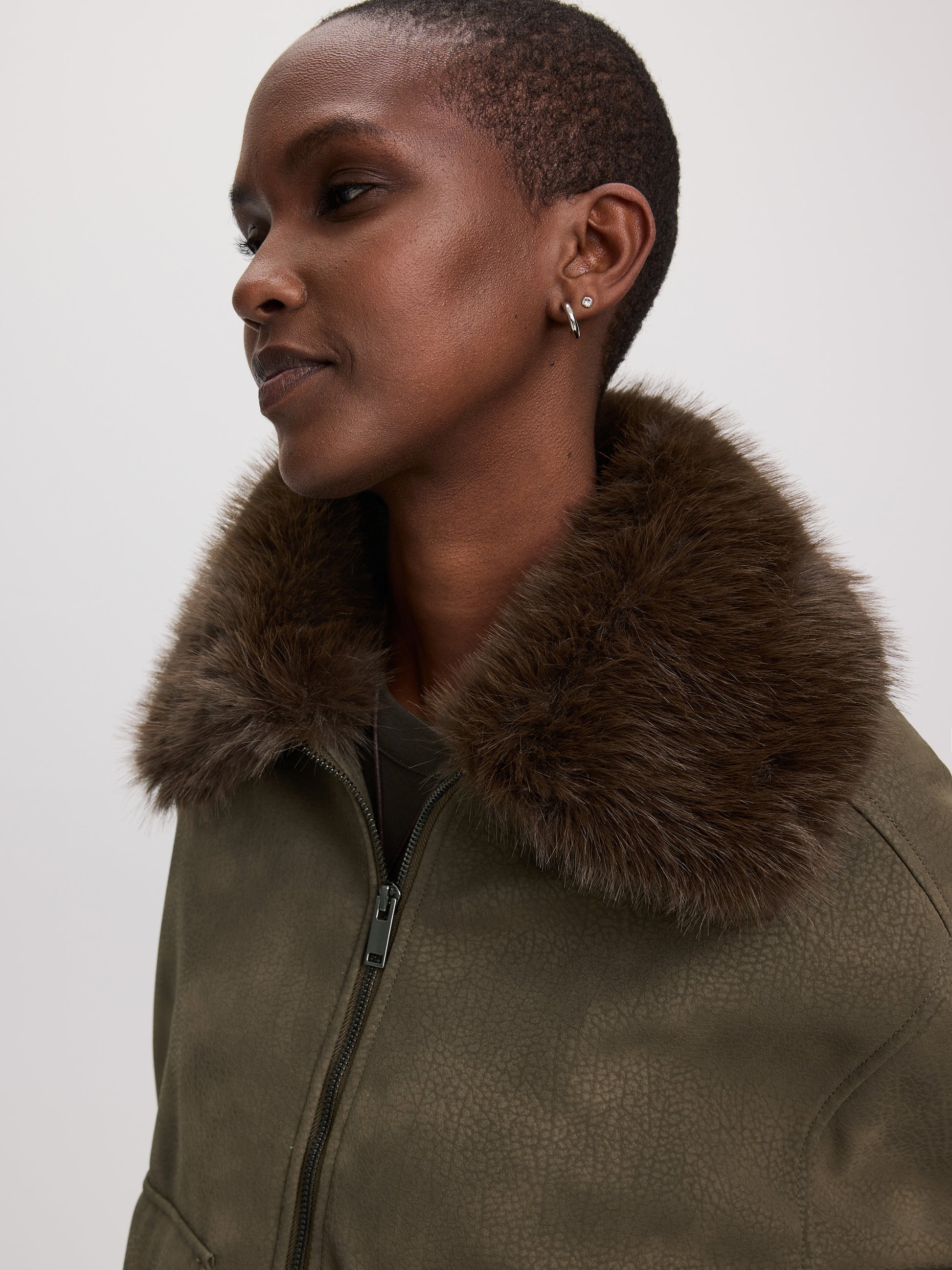 Faux Suede Bomber Jacket with Faux Leather Collar