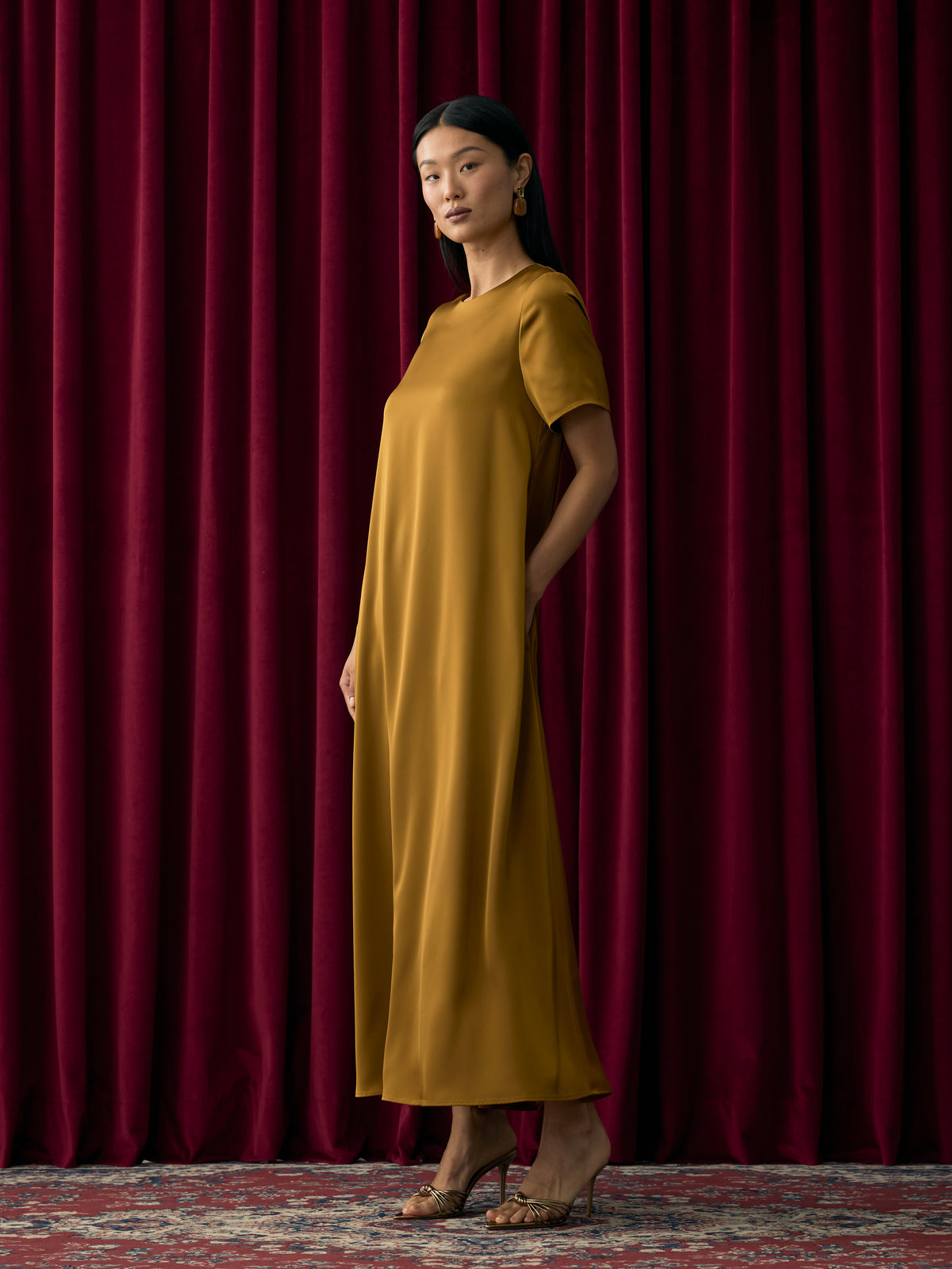 Short-Sleeve Crew-Neck Satin Maxi Dress