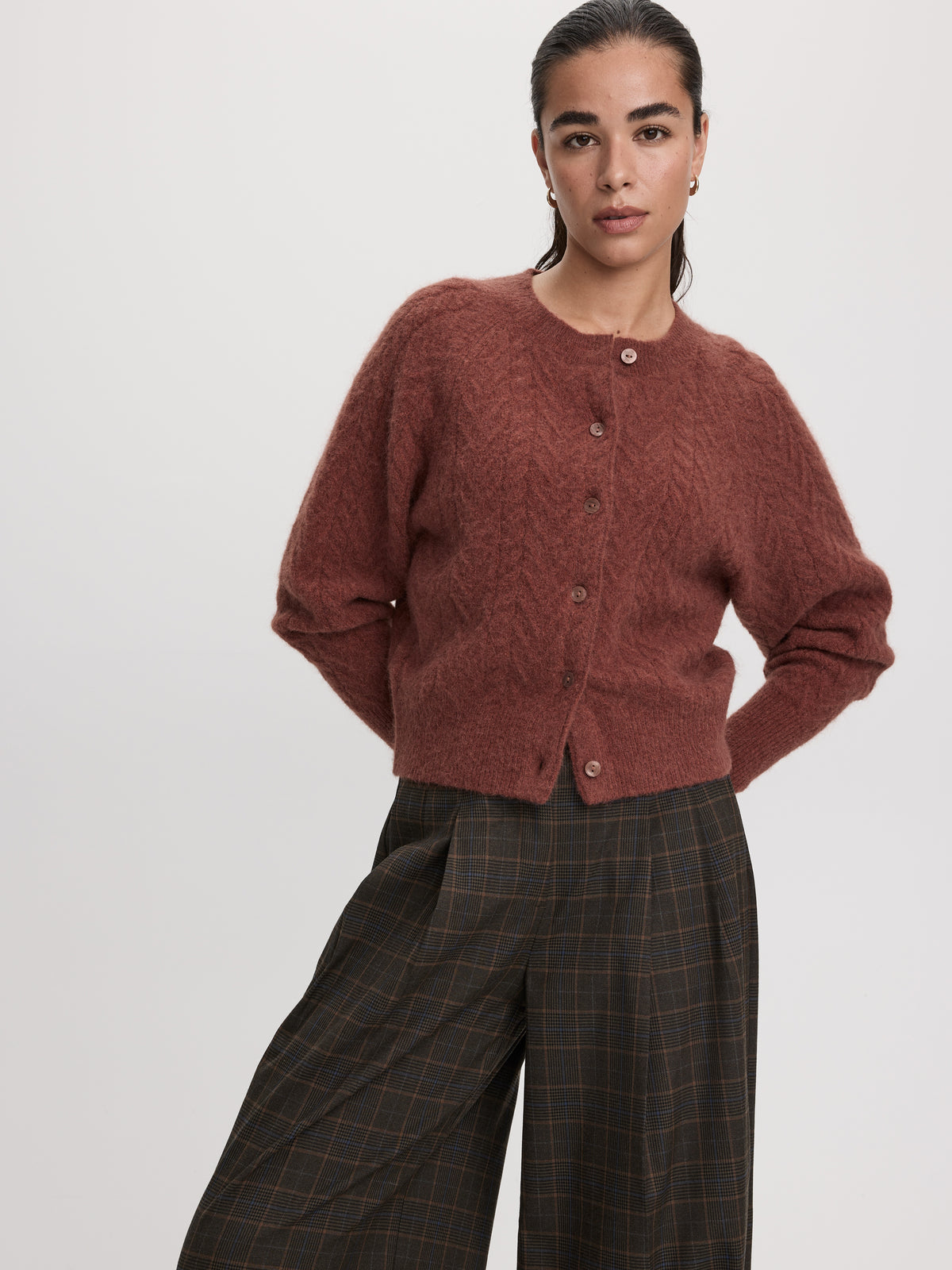 Long-Sleeve Crew-Neck Cable-Stitch Cardigan