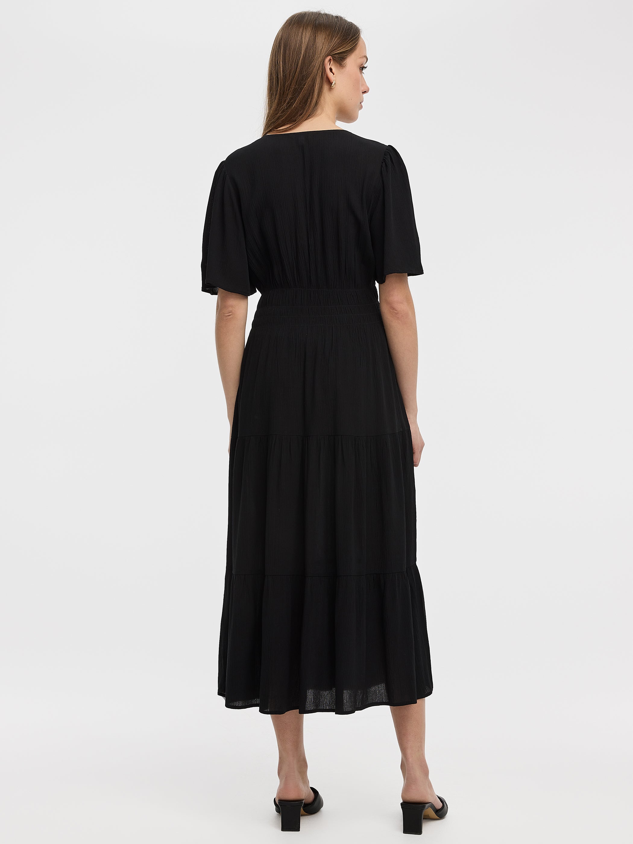 Short-Flutter-Sleeve V-Neck Tiered Midi Dress