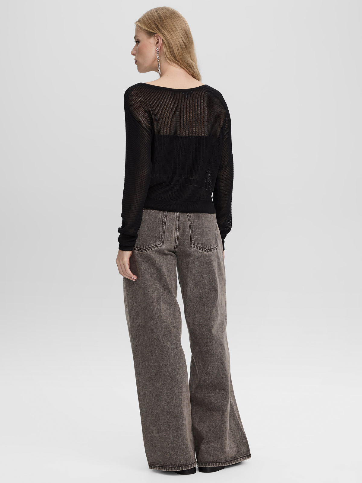 Semi-Sheer Long-Sleeve Boat-Neck Sweater