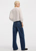 Puffy-Sleeve Split-Neck Blouse with Eyelet Trims