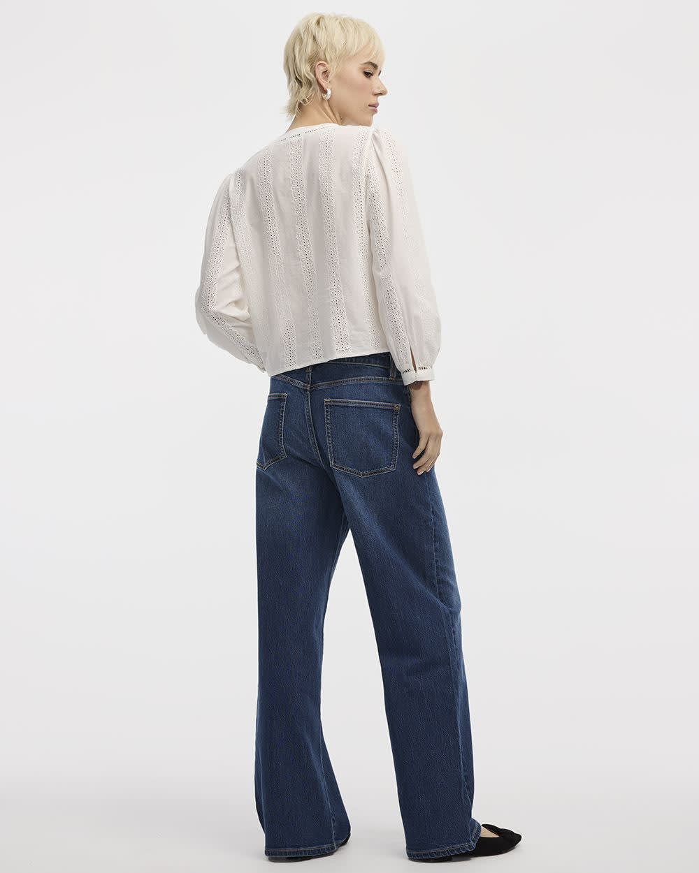 Puffy-Sleeve Split-Neck Blouse with Eyelet Trims