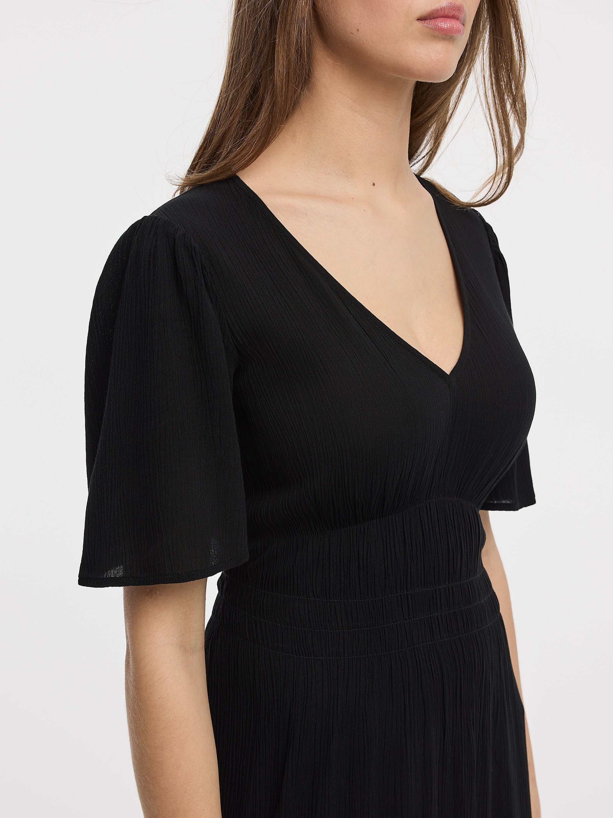 Short-Flutter-Sleeve V-Neck Tiered Midi Dress