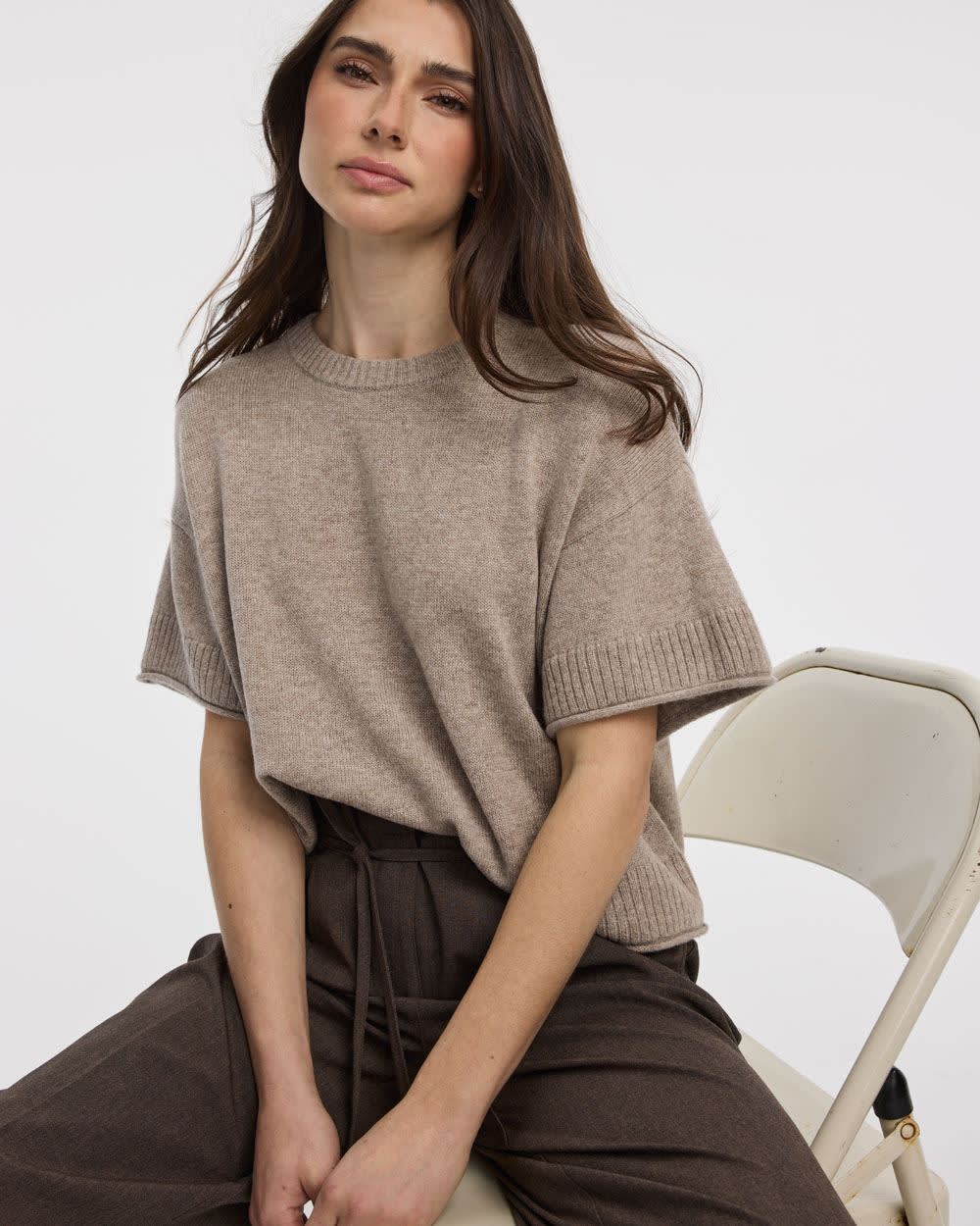 Cashmere-Blend Short-Sleeve Crew-Neck Loose Sweater