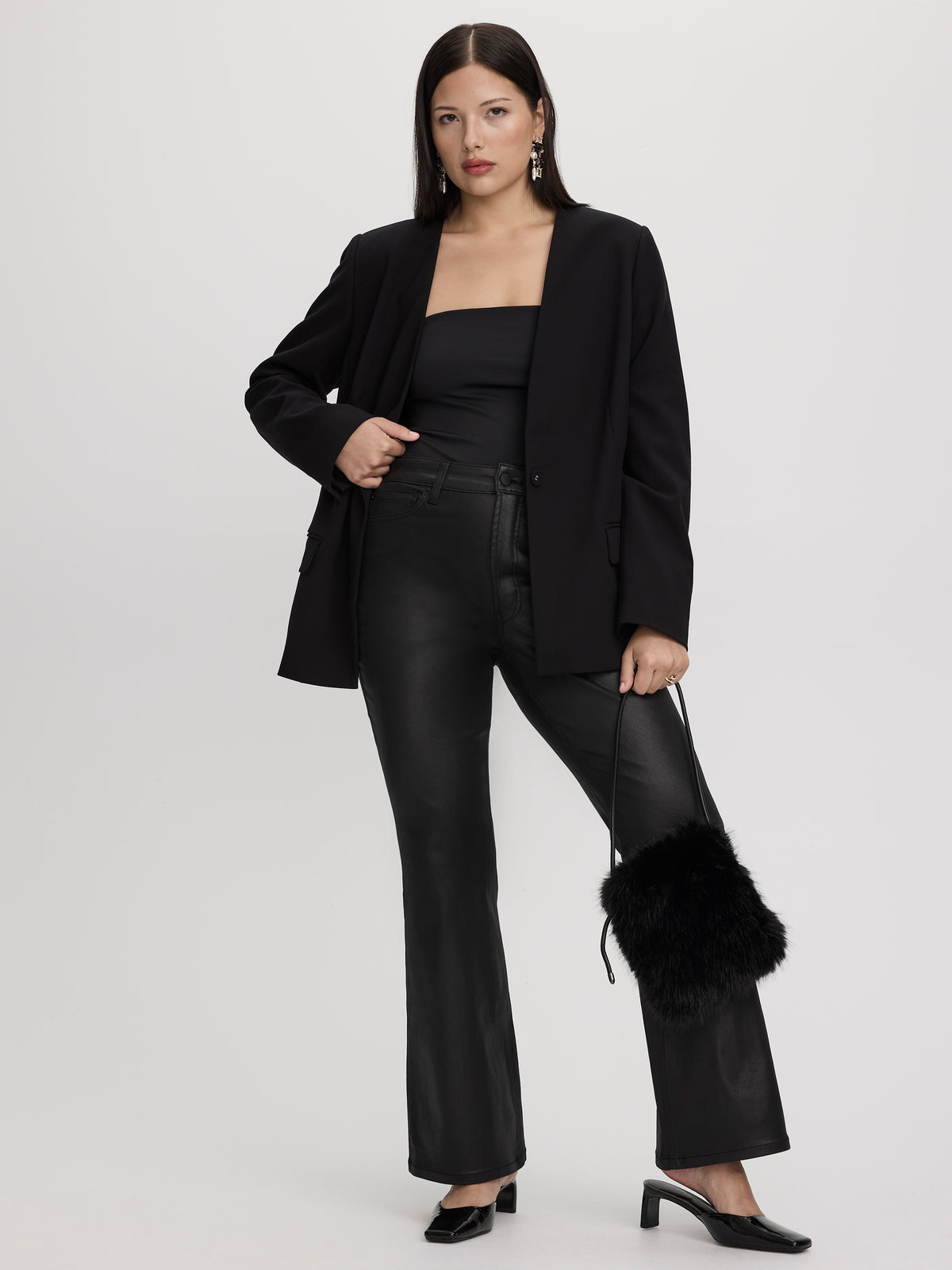 Jeans à effet lustré à jambe évasée et taille haute 