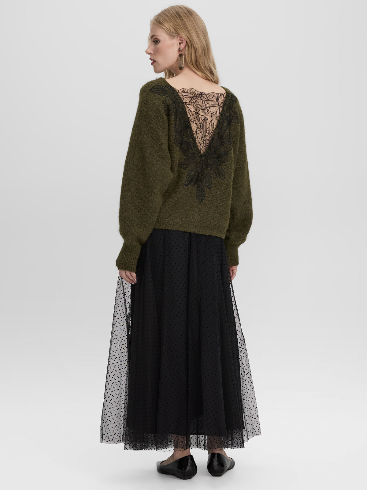 Long-Sleeve Boat-Neck Sweater with Lace Insert