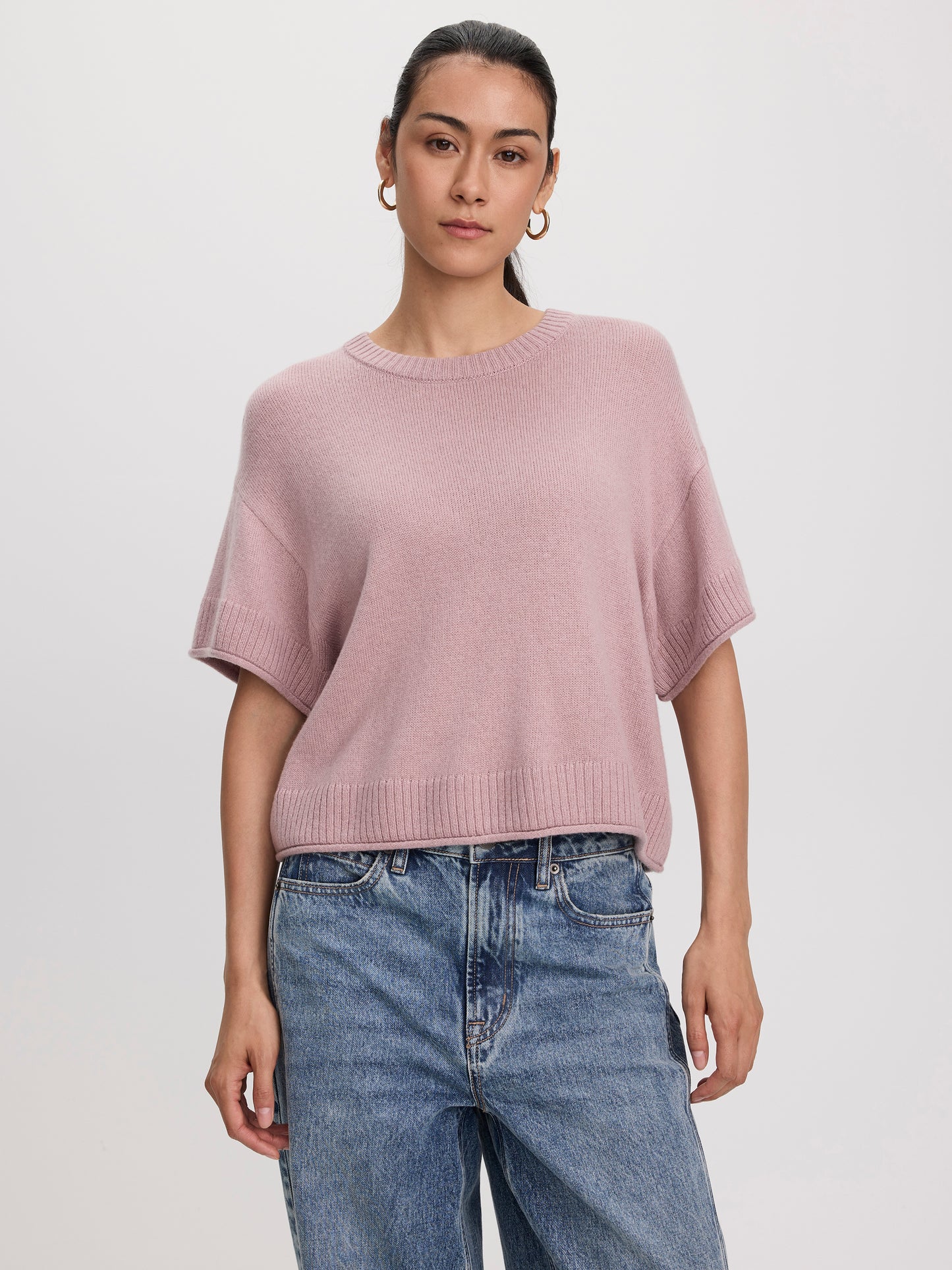 Cashmere-Blend Short-Sleeve Crew-Neck Loose Sweater