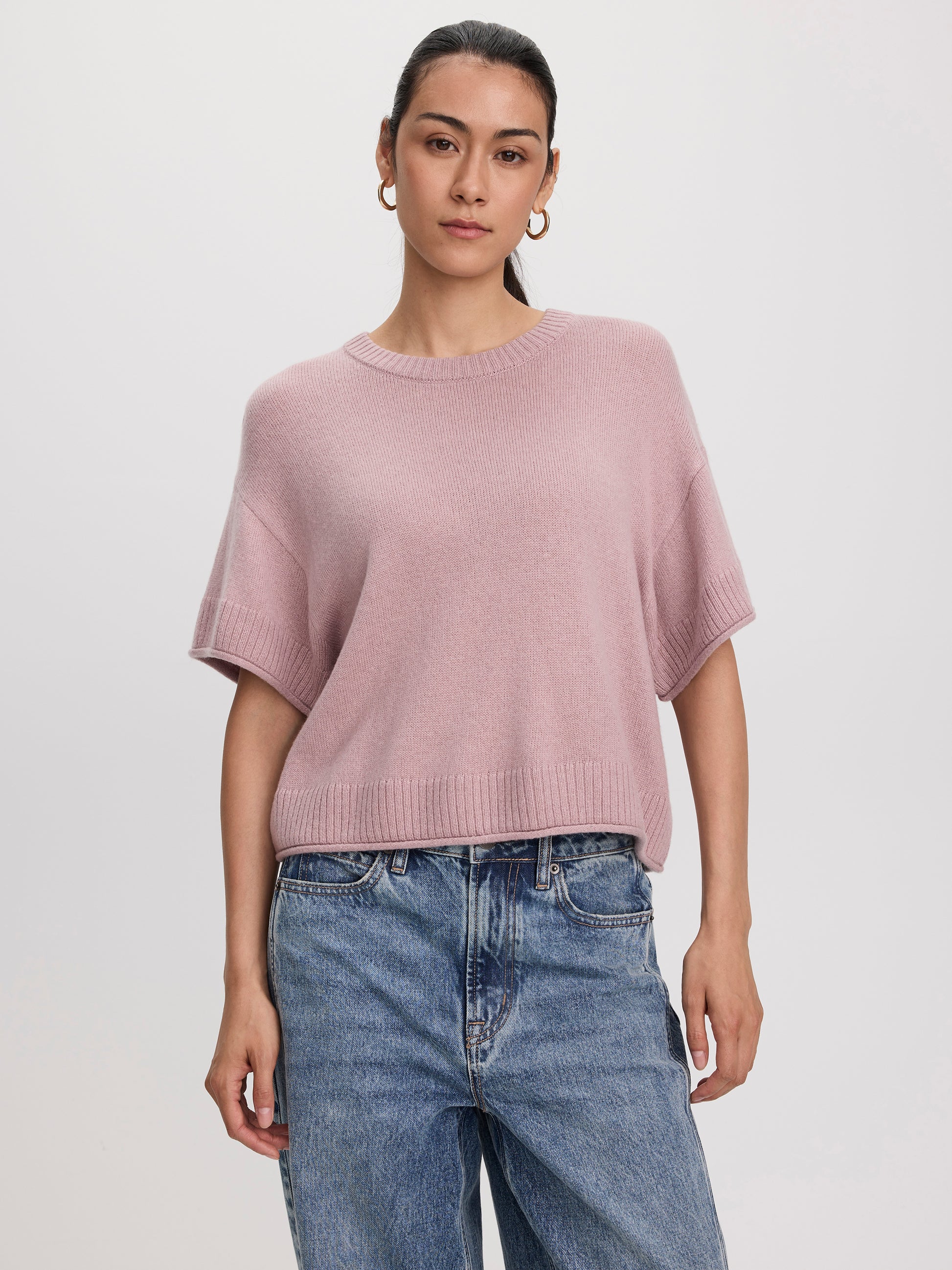 Cashmere-Blend Short-Sleeve Crew-Neck Loose Sweater