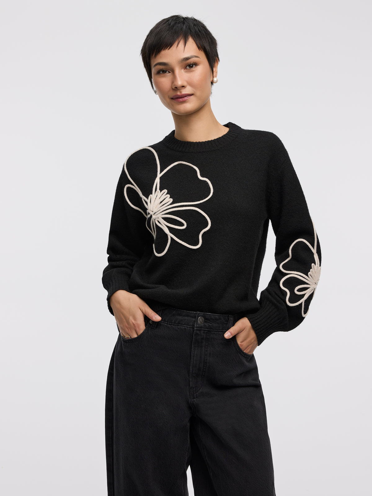 Long-Sleeve Crew-Neck Sweater with Soutache Flowers