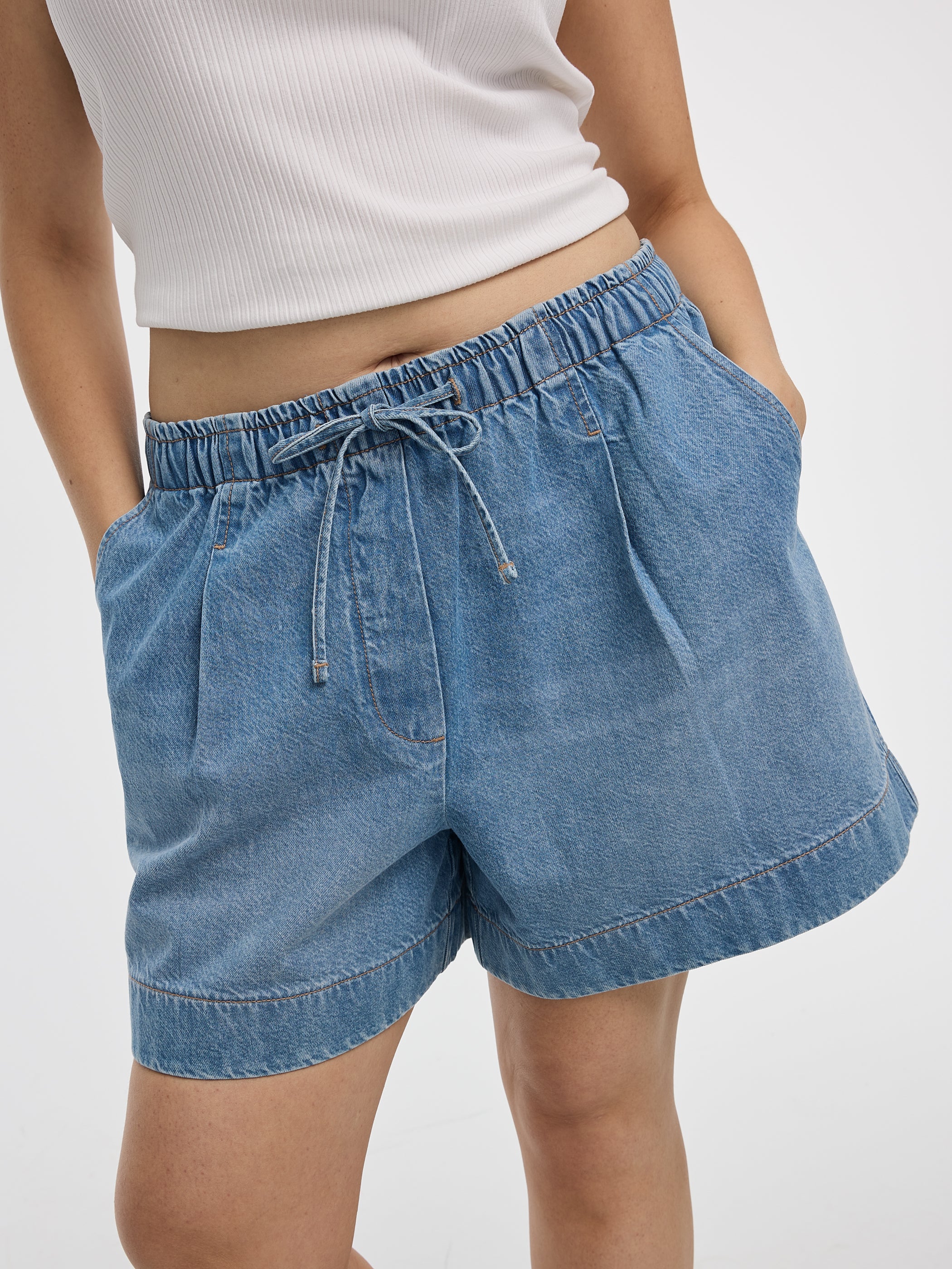 Cotton Denim Shorts with Elastic Waistband