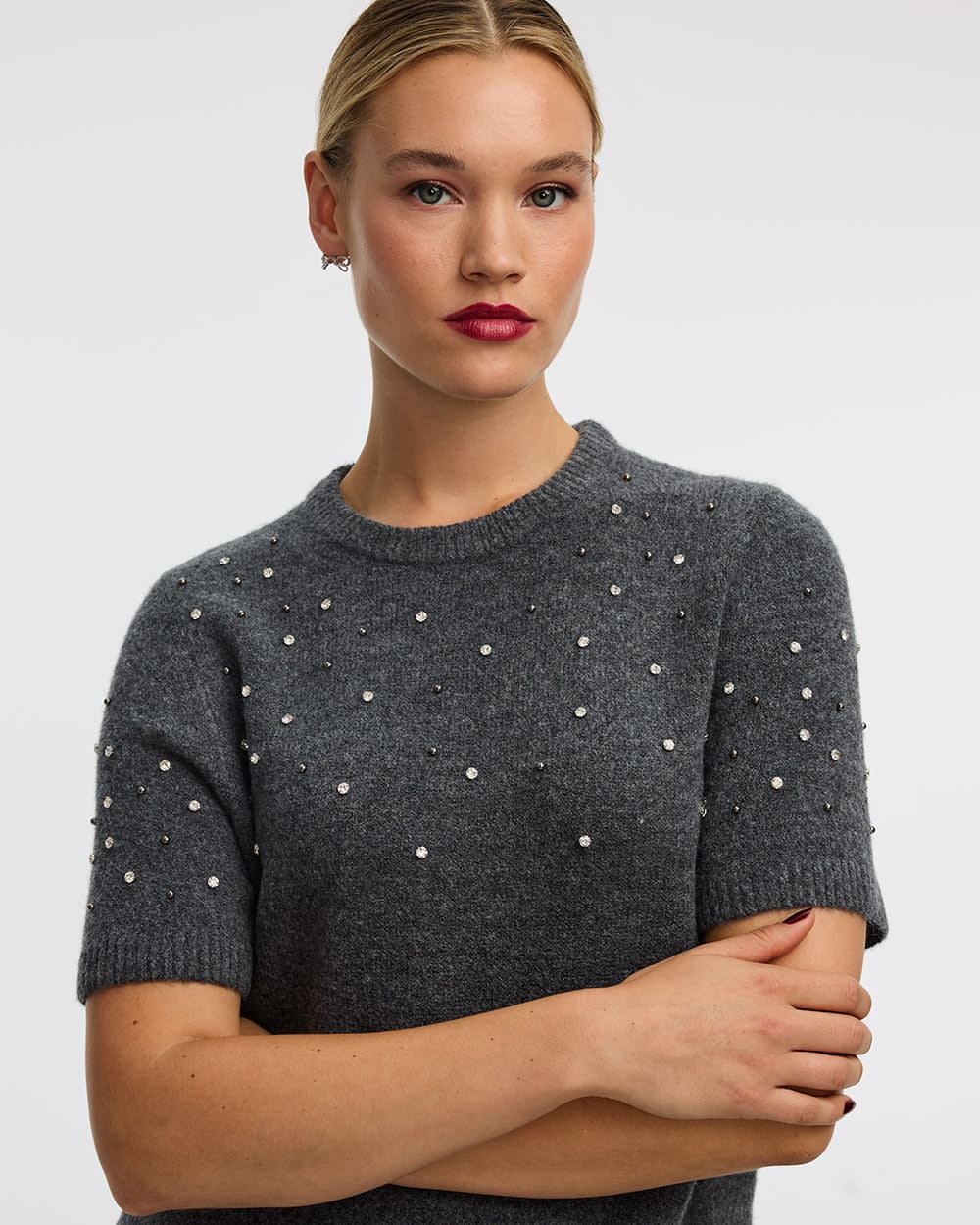 Short-Sleeve Mini Sweater Dress with Rhinestones