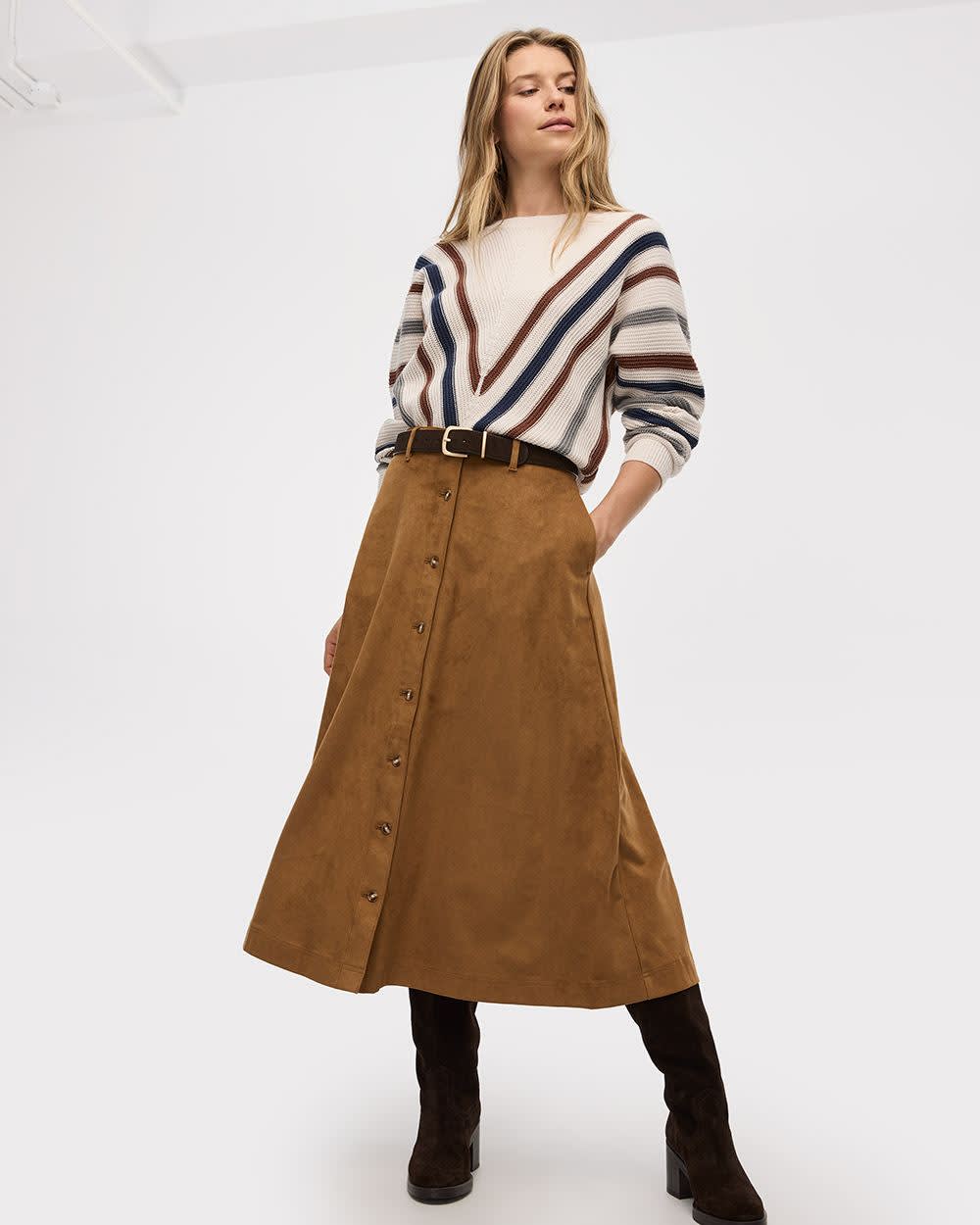 Faux-Suede A-Line Midi Skirt with Buttons