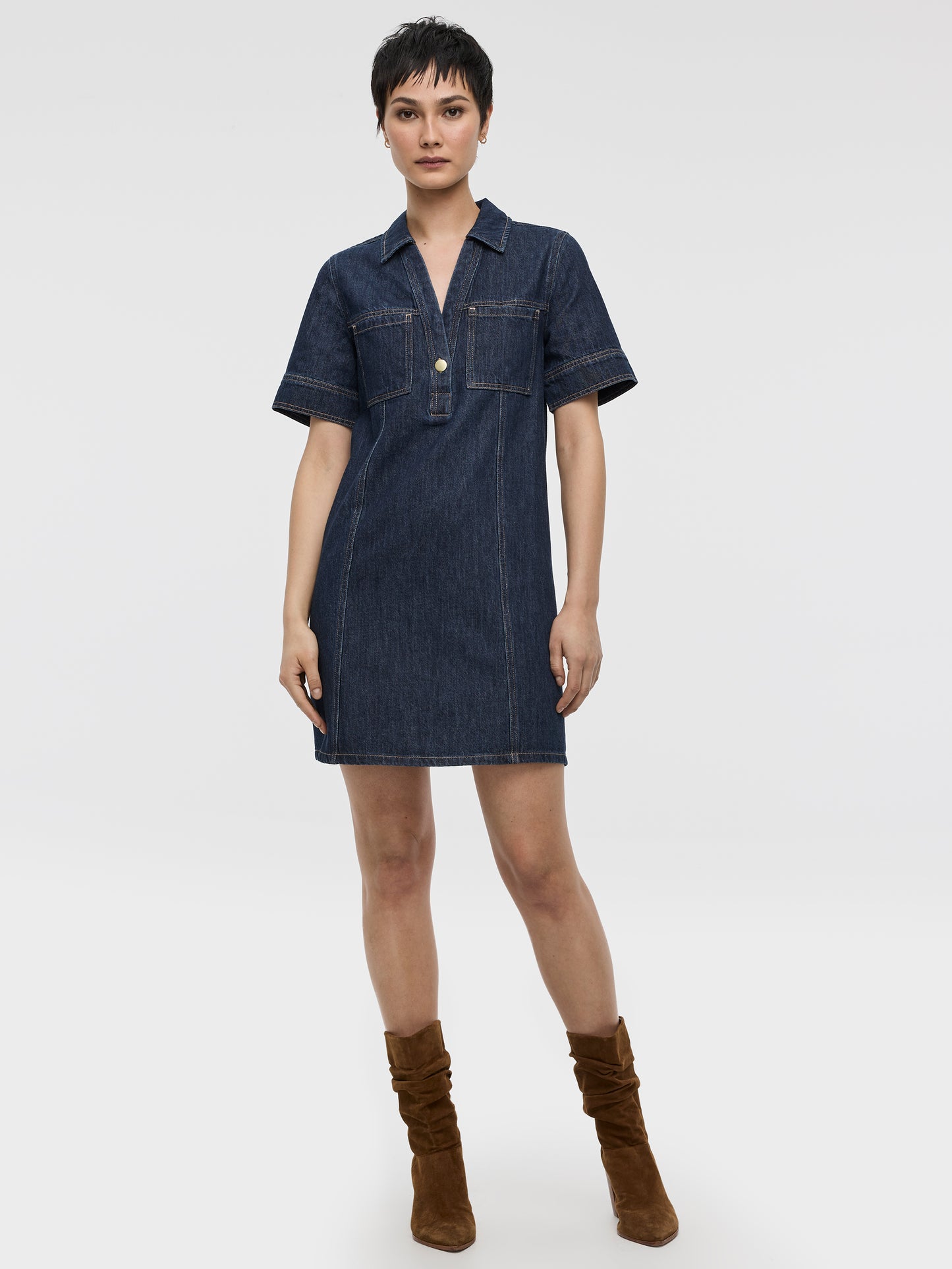 Elbow-Sleeve Shirt-Collar Mini Dress