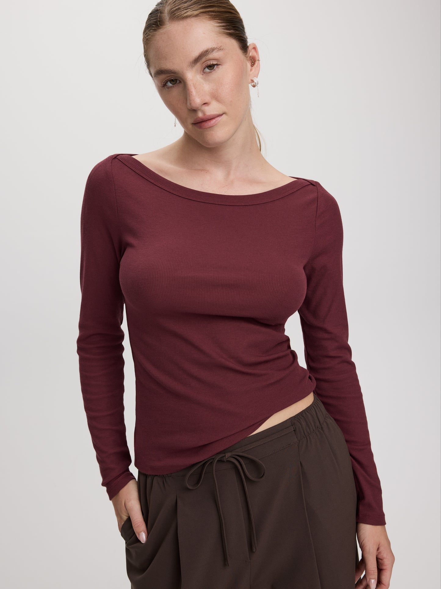 Long-Sleeve Boat-Neck Ribbed Top