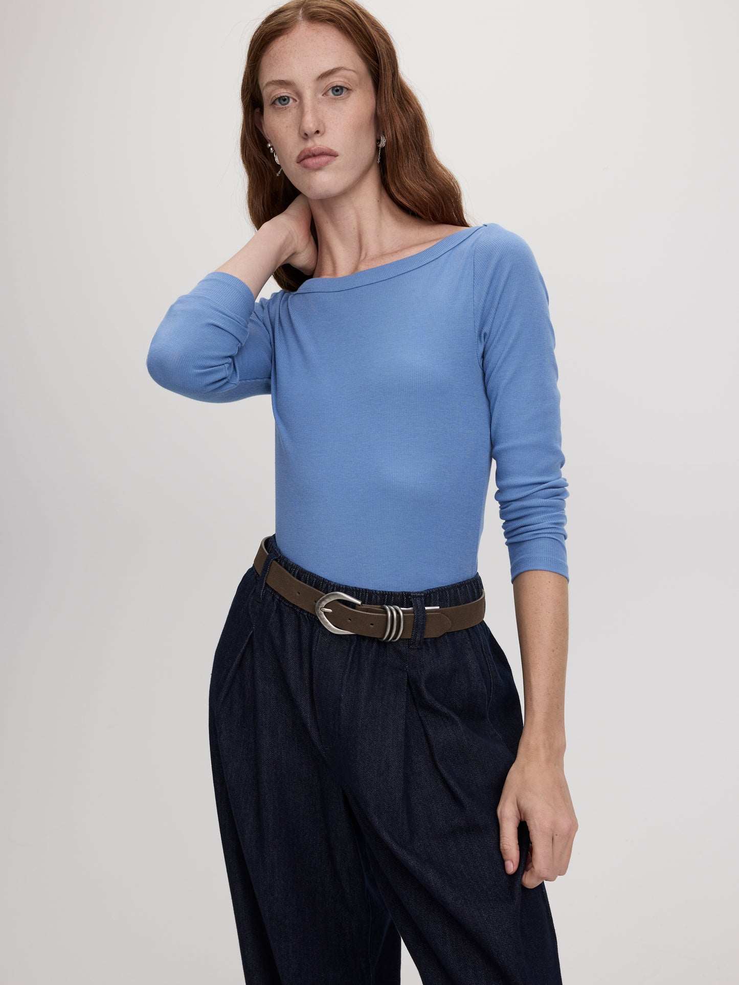 Long-Sleeve Boat-Neck Ribbed Top