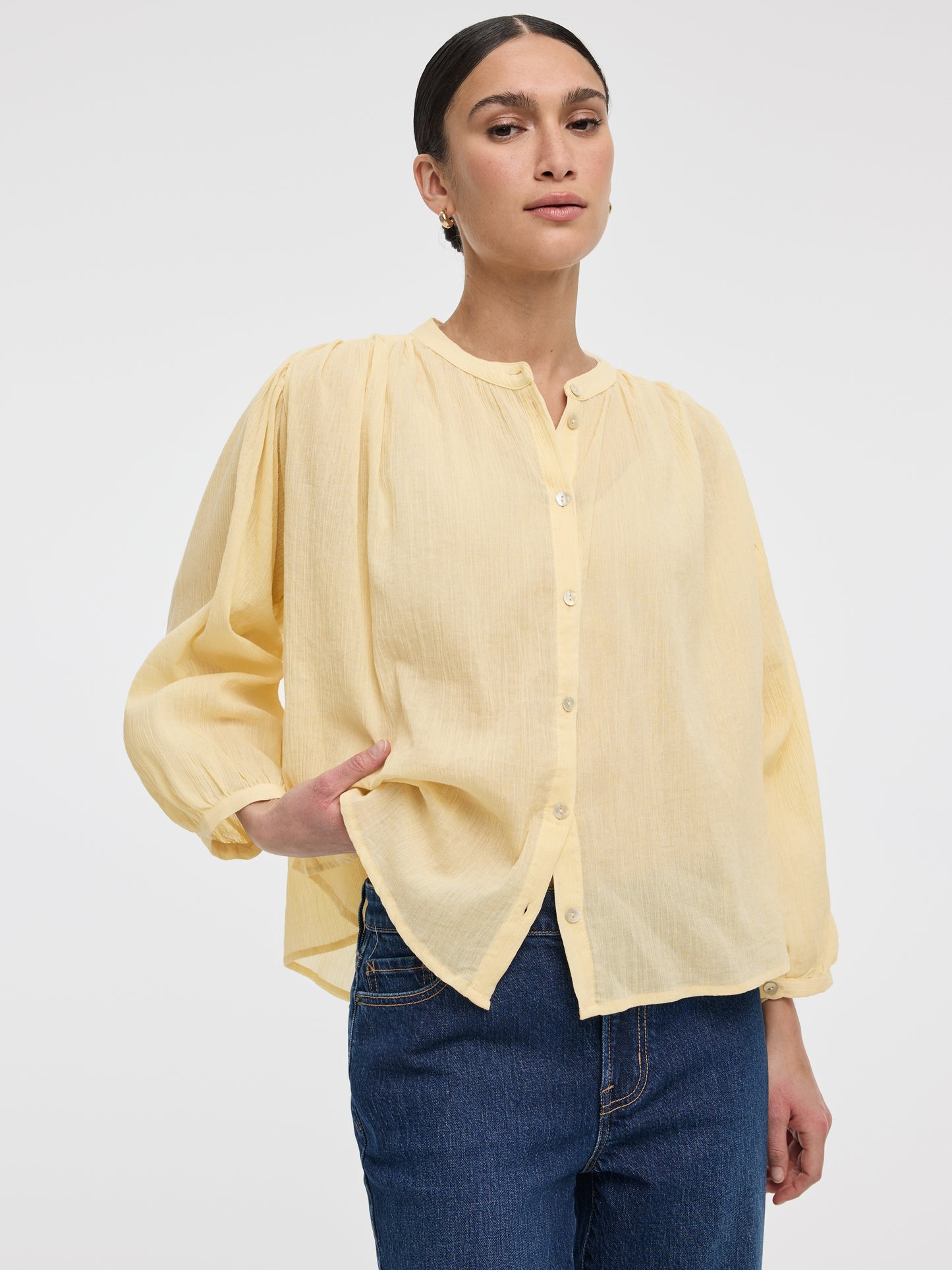 Crew-Neck Buttoned-Down Gauze Blouse