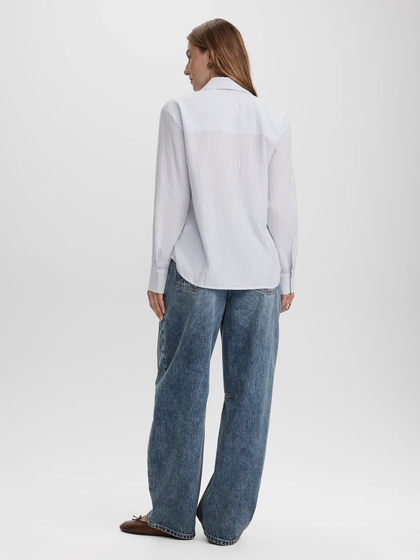 Striped Long-Sleeve Buttoned-Down Seersucker Blouse