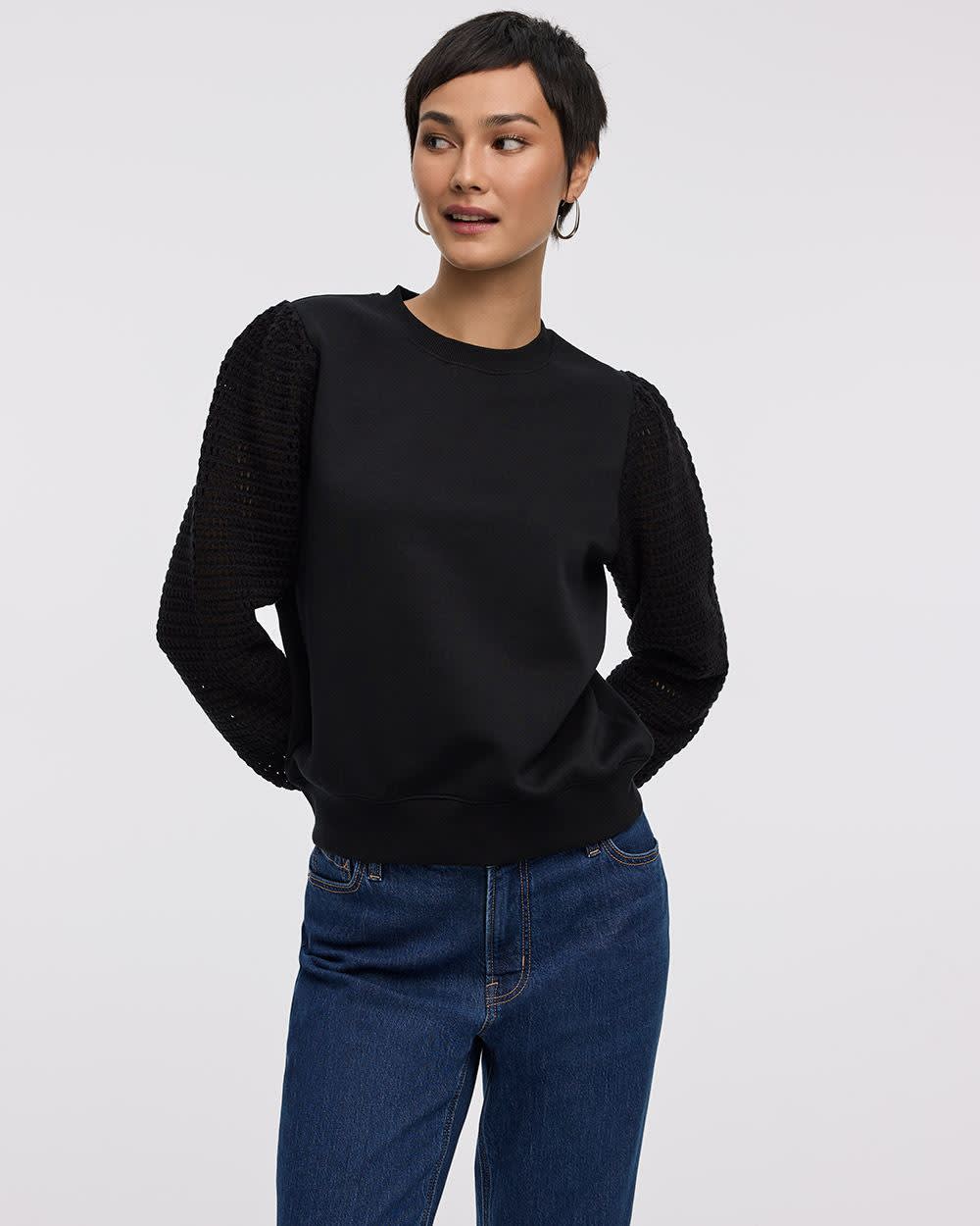Long-Puffy-Sleeve Crew-Neck Mix-Media Sweatshirt