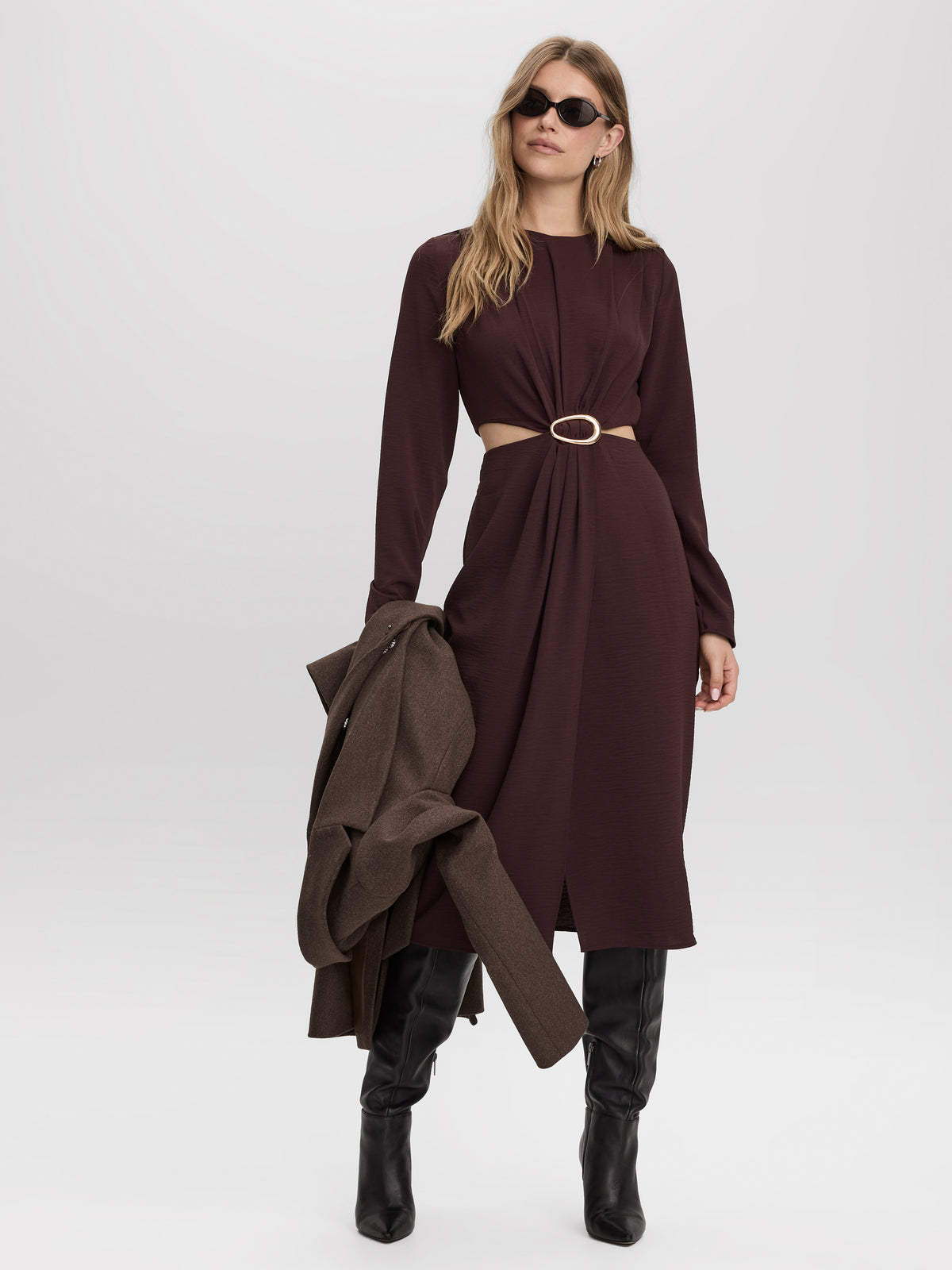 Long-Sleeve Midi Dress with Cut-Out Details