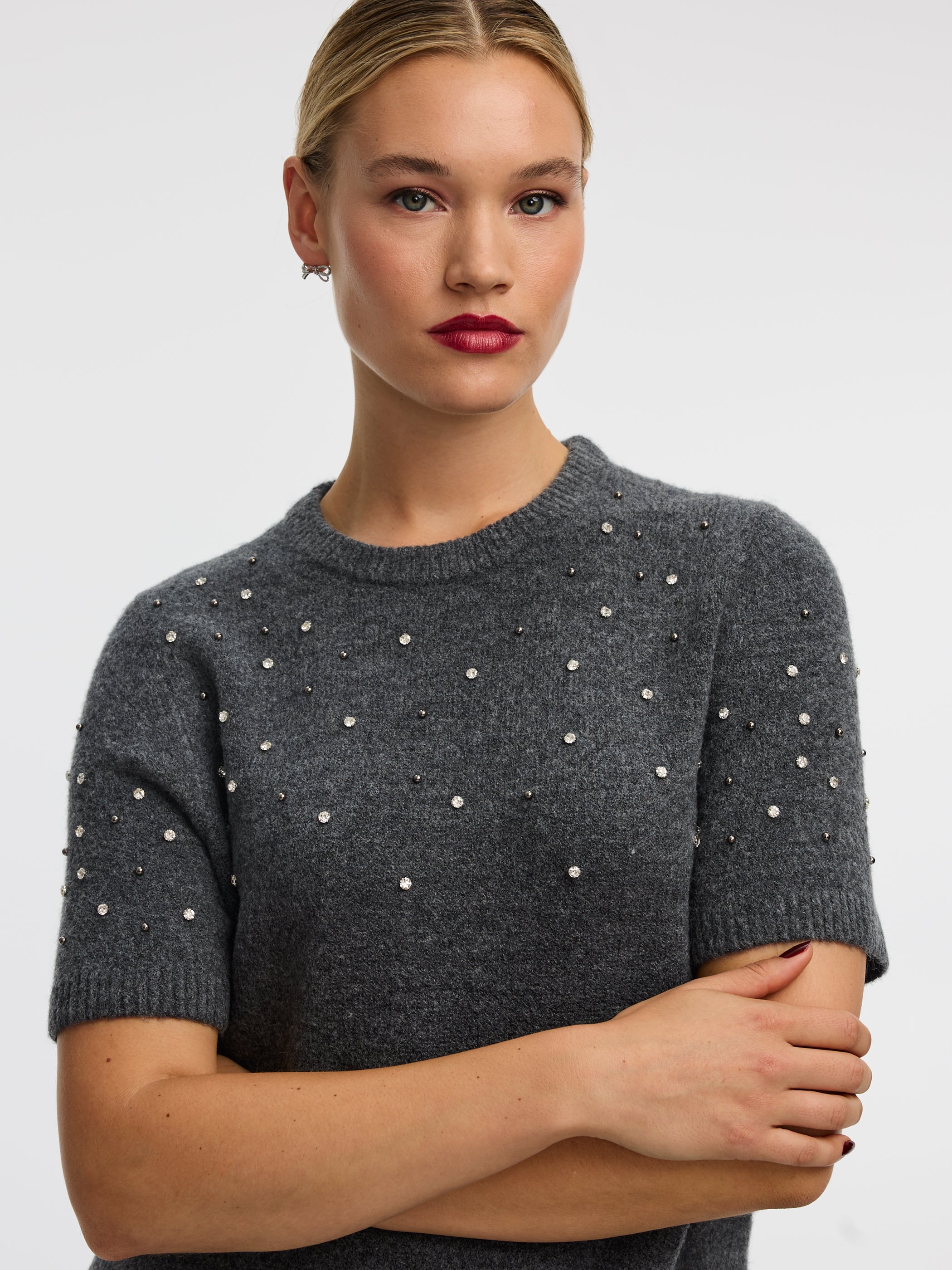 Short-Sleeve Mini Sweater Dress with Rhinestones